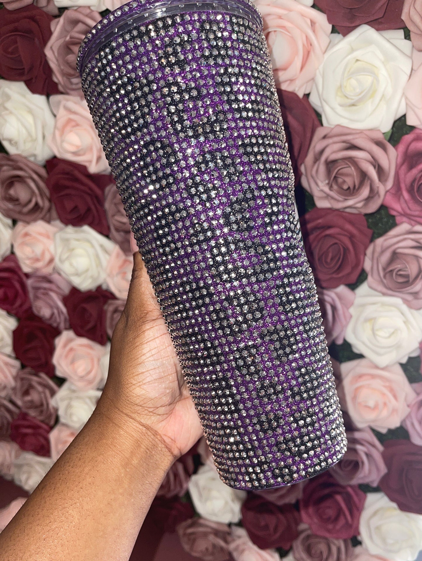 Purple & Black Glitter HTV with Silver Rhinestones Cheetah Leopard Print Vinyl Full Bling Venti Acrylic Starbucks Tumbler