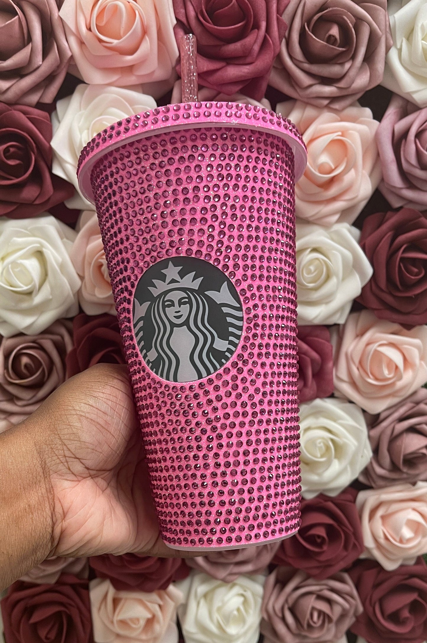 Flamingo Pink with Rose Pink Rhinestones Starbucks Cold Cup Rhinestone Bling Bedazzled Glitter Tumbler, 24 oz Reusable Plastic
