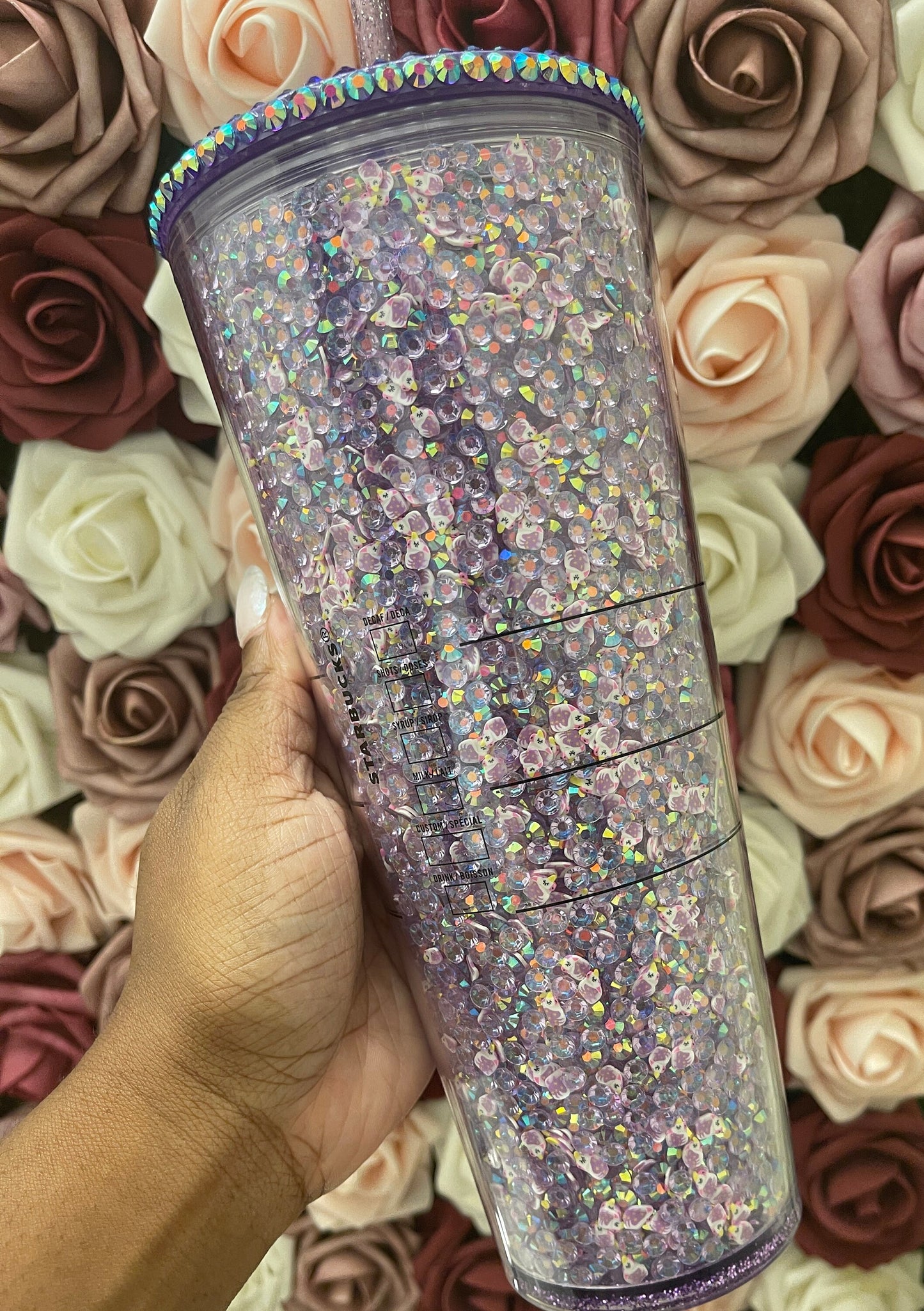Starbucks Light Purple AB Rhinestones with Unicorn Polymer Clay,Rhinestone Filled Tumbler,Rhinestone Lid