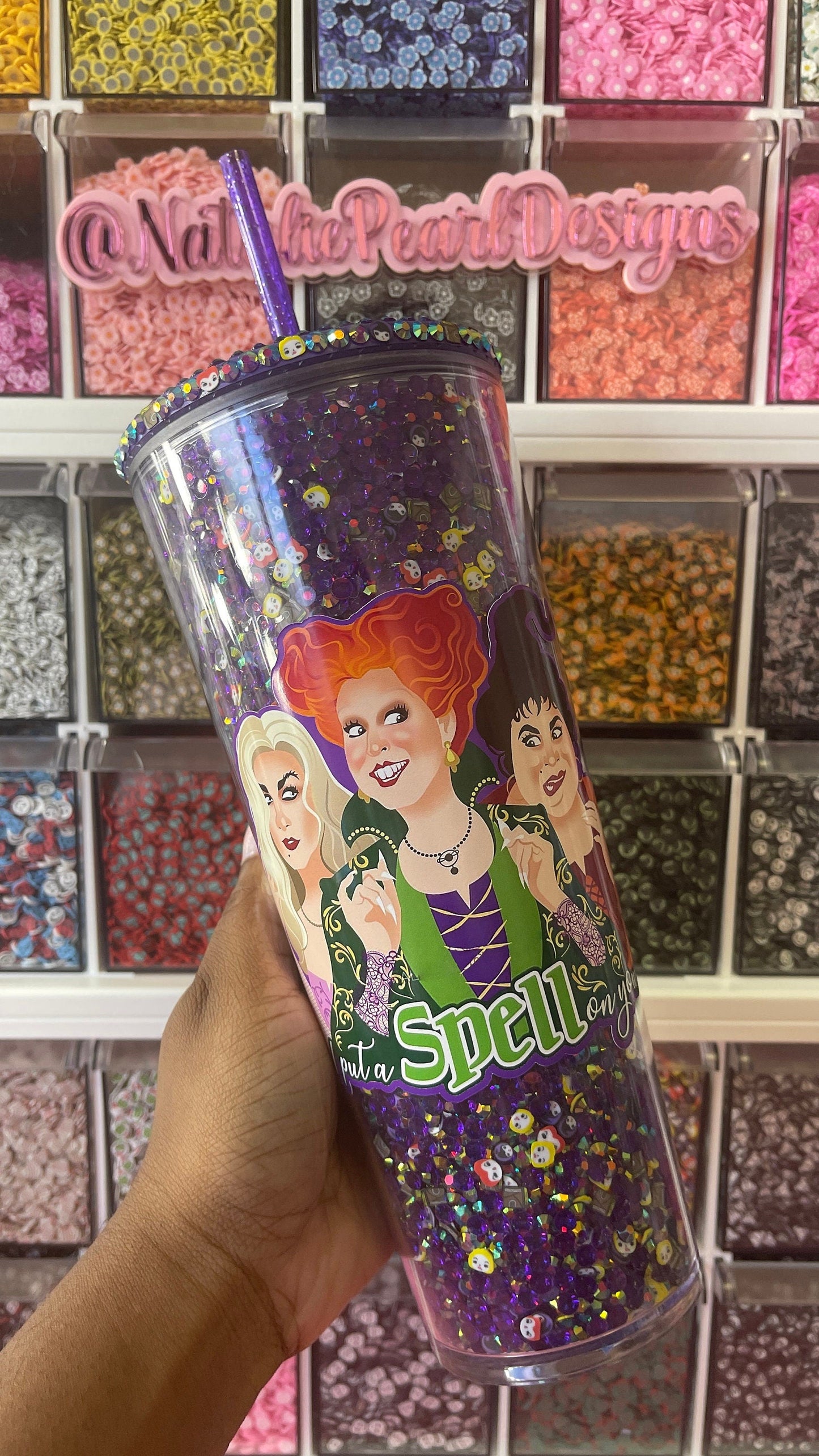 Witchy Sisters Rhinestone Filled Tumbler,Witch Tumblers, Reverse Rhinestones,Catfish Tumbler,Spooky Cup,Halloween Tumbler, Spooky Season Cup