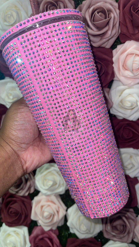 Neon Pink With Crystal AB Full Glitter Rhinestone Bling Venti Acrylic Starbucks Tumbler 24oz