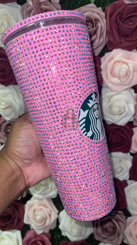 Neon Pink With Crystal AB Full Glitter Rhinestone Bling Venti Acrylic Starbucks Tumbler 24oz