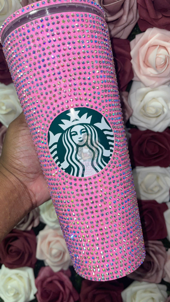 Neon Pink With Crystal AB Full Glitter Rhinestone Bling Venti Acrylic Starbucks Tumbler 24oz