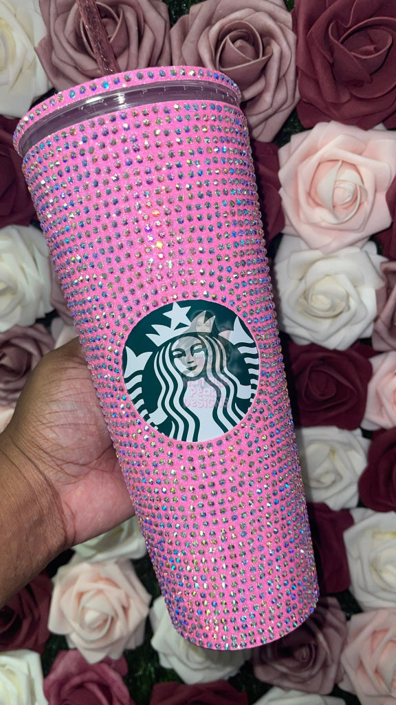 Neon Pink With Crystal AB Full Glitter Rhinestone Bling Venti Acrylic Starbucks Tumbler 24oz