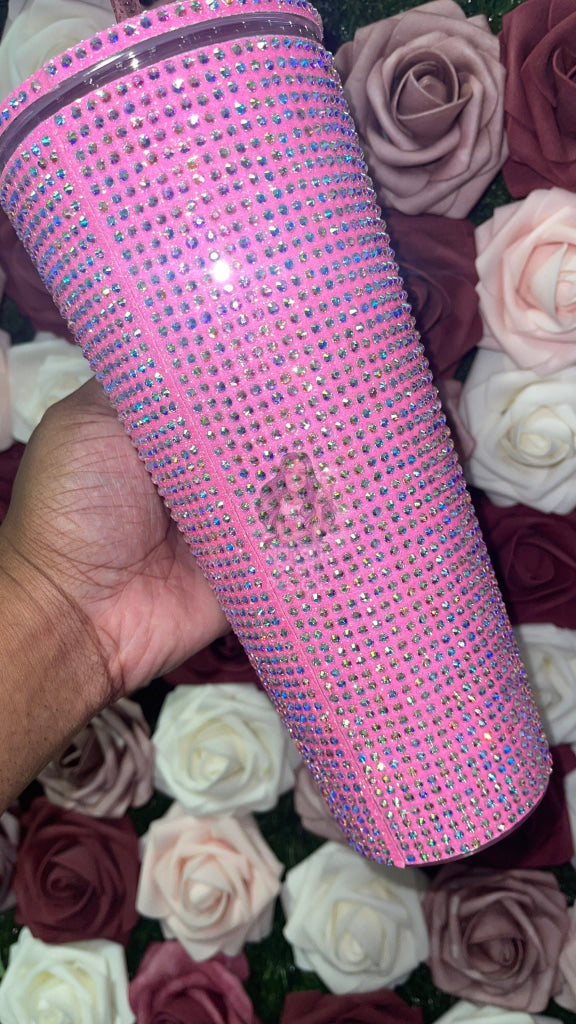 Neon Pink With Crystal AB Full Glitter Rhinestone Bling Venti Acrylic Starbucks Tumbler 24oz