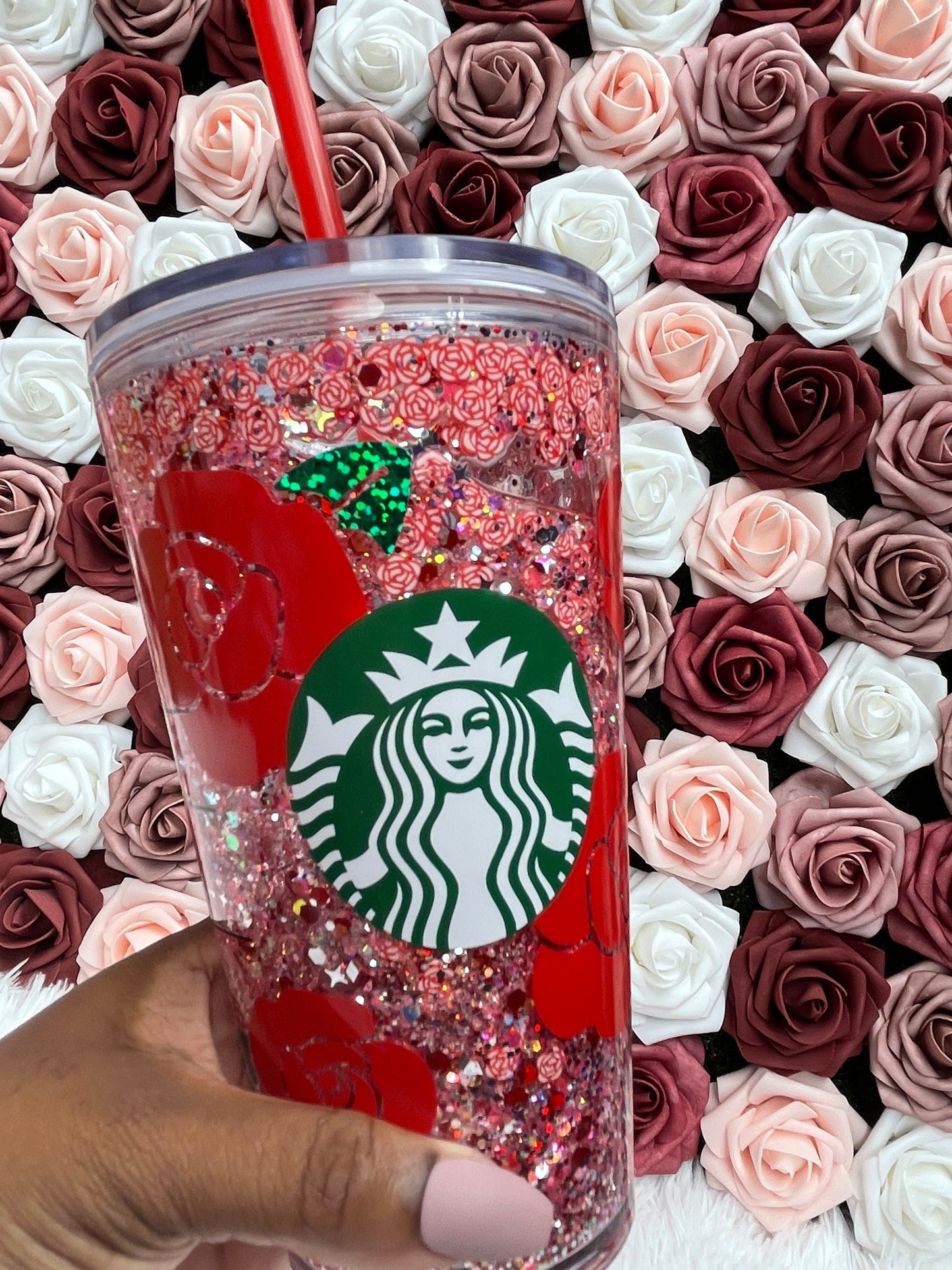 Red Rose Chunky Glitter Snow Globe Official Starbucks Tumbler|Pink Red|Floating Glitter