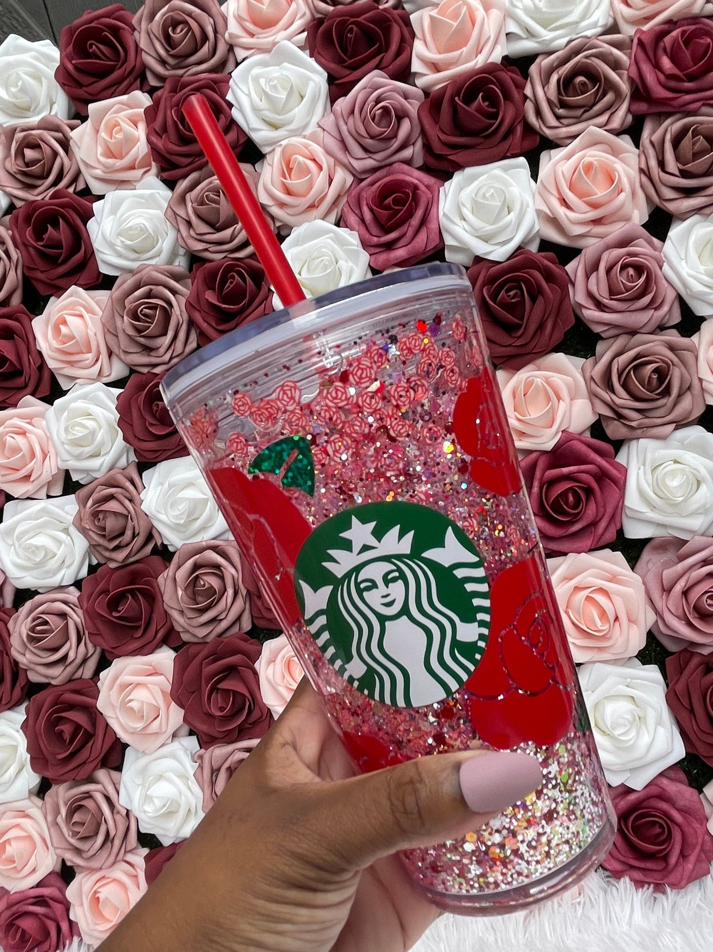 Red Rose Chunky Glitter Snow Globe Official Starbucks Tumbler|Pink Red|Floating Glitter