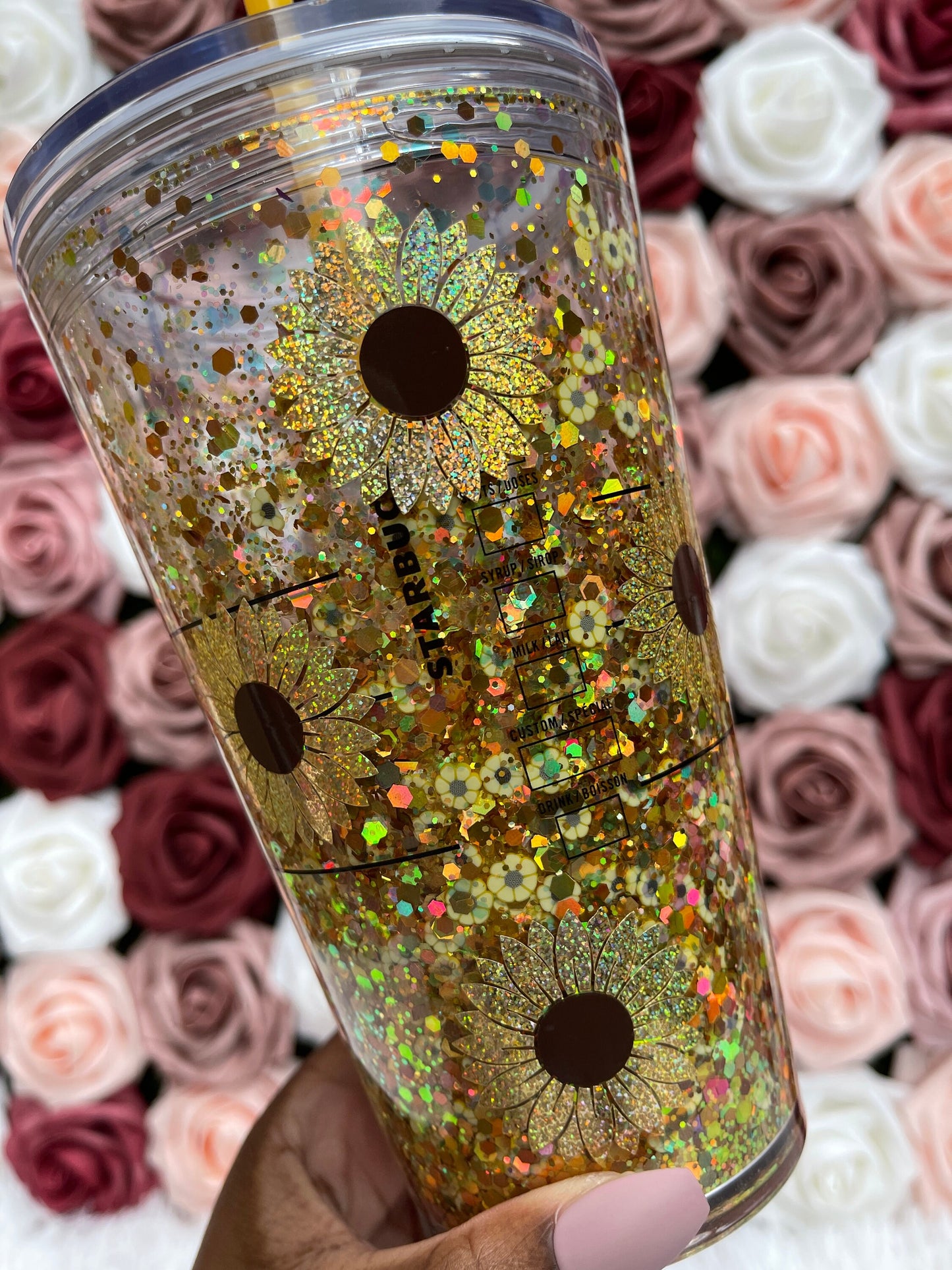 Sunflower Golden Holographic Chunky Glitter Snow Globe Official Starbucks Tumbler|Floating Glitter