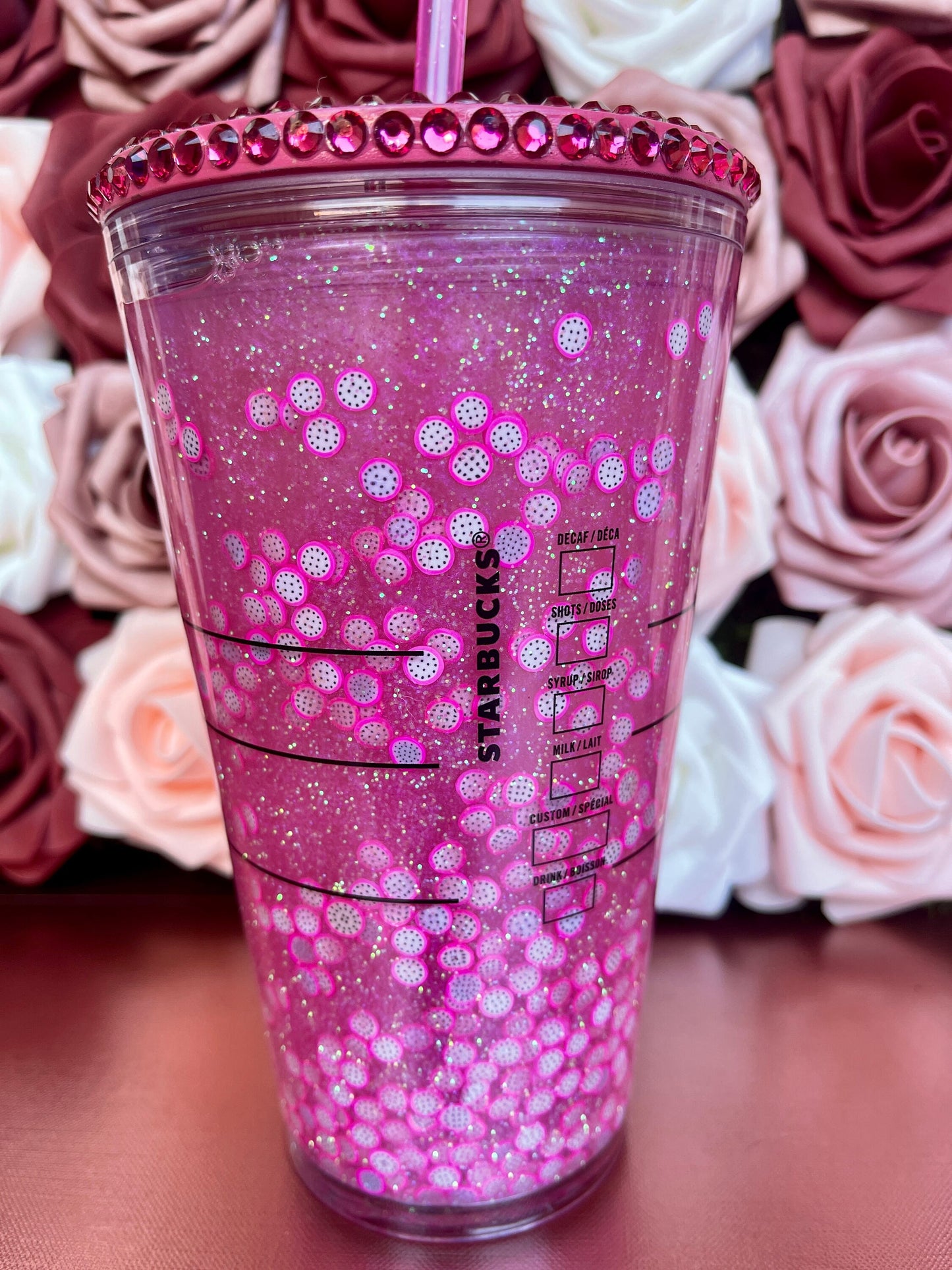 Dragonfruit Refresher Snow Globe Tumbler|Starbucks Rhinestone Lid Tumbler|Floating Glitter|Pink Dark Rose Iridescent