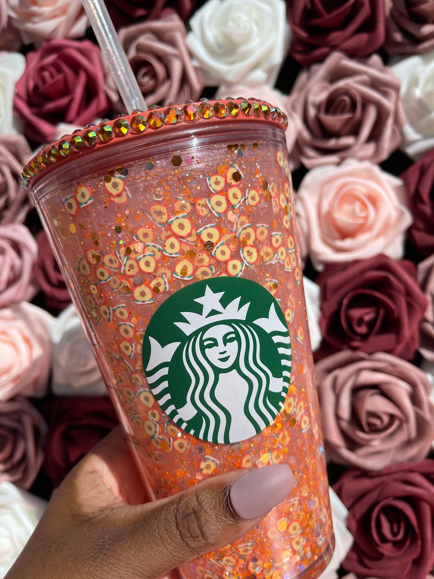 Fuzzy Peach Drink Snow Globe Tumbler|Starbucks Rhinestone Lid Tumbler|Floating Glitter|Orange Pink Iridescent
