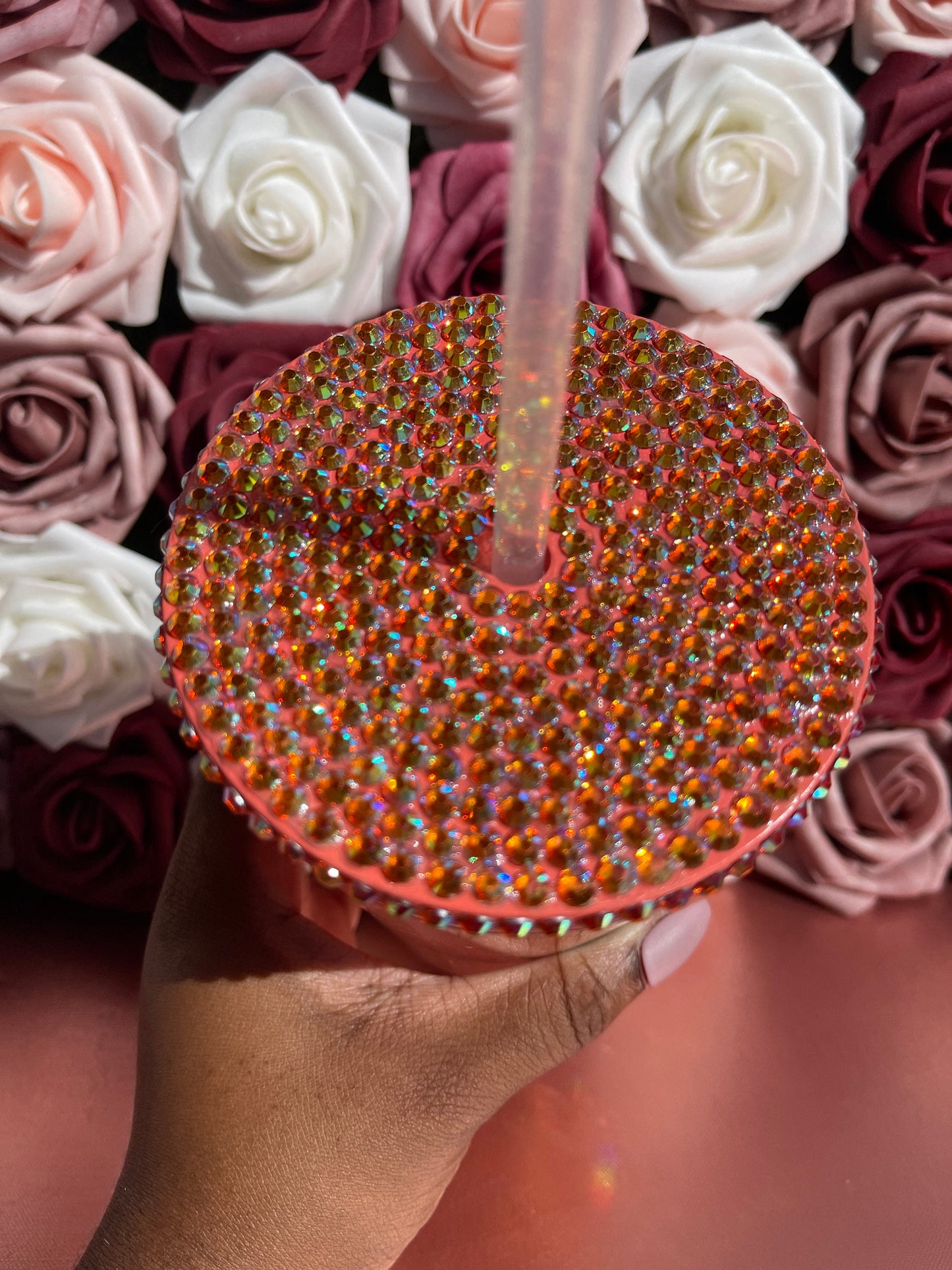 Fuzzy Peach Drink Snow Globe Tumbler|Starbucks Rhinestone Lid Tumbler|Floating Glitter|Orange Pink Iridescent