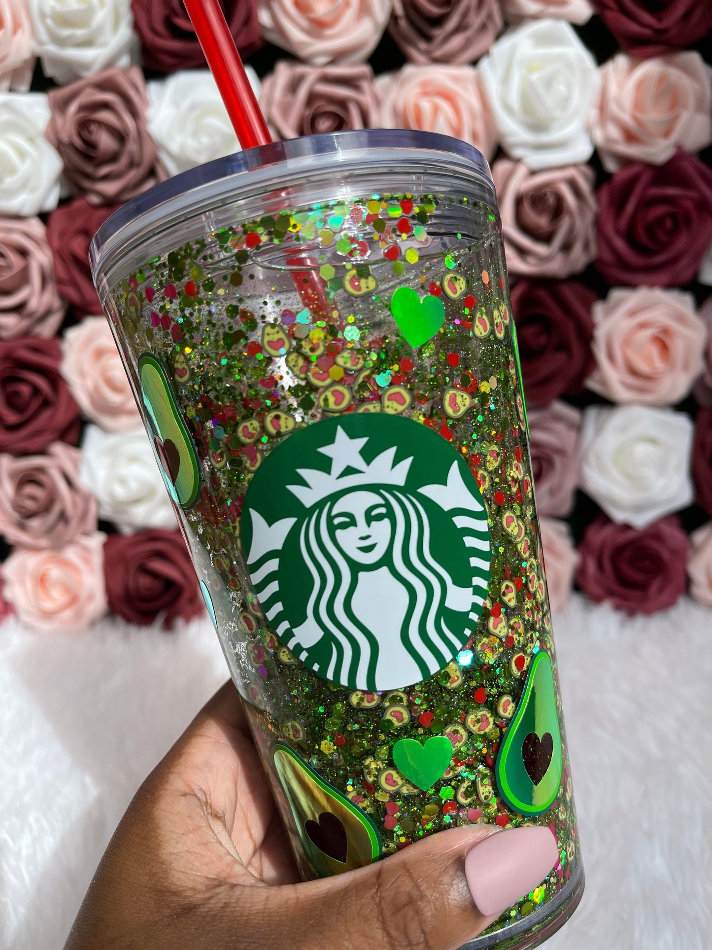 Avocado Smiley Face Heart Green Holographic Glitter Snow Globe Tumbler|Red Hearts