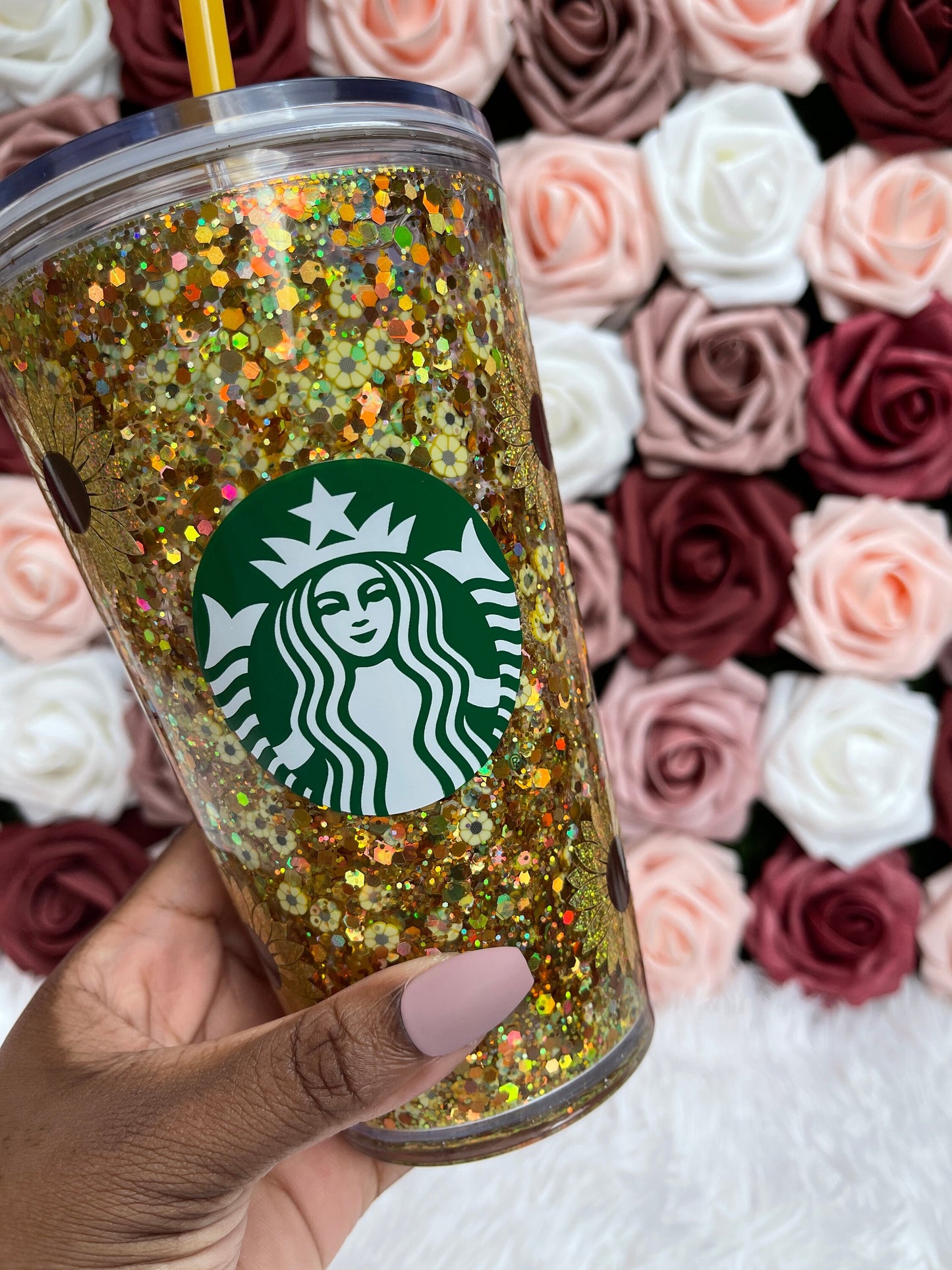 Sunflower Golden Holographic Chunky Glitter Snow Globe Official Starbucks Tumbler|Floating Glitter