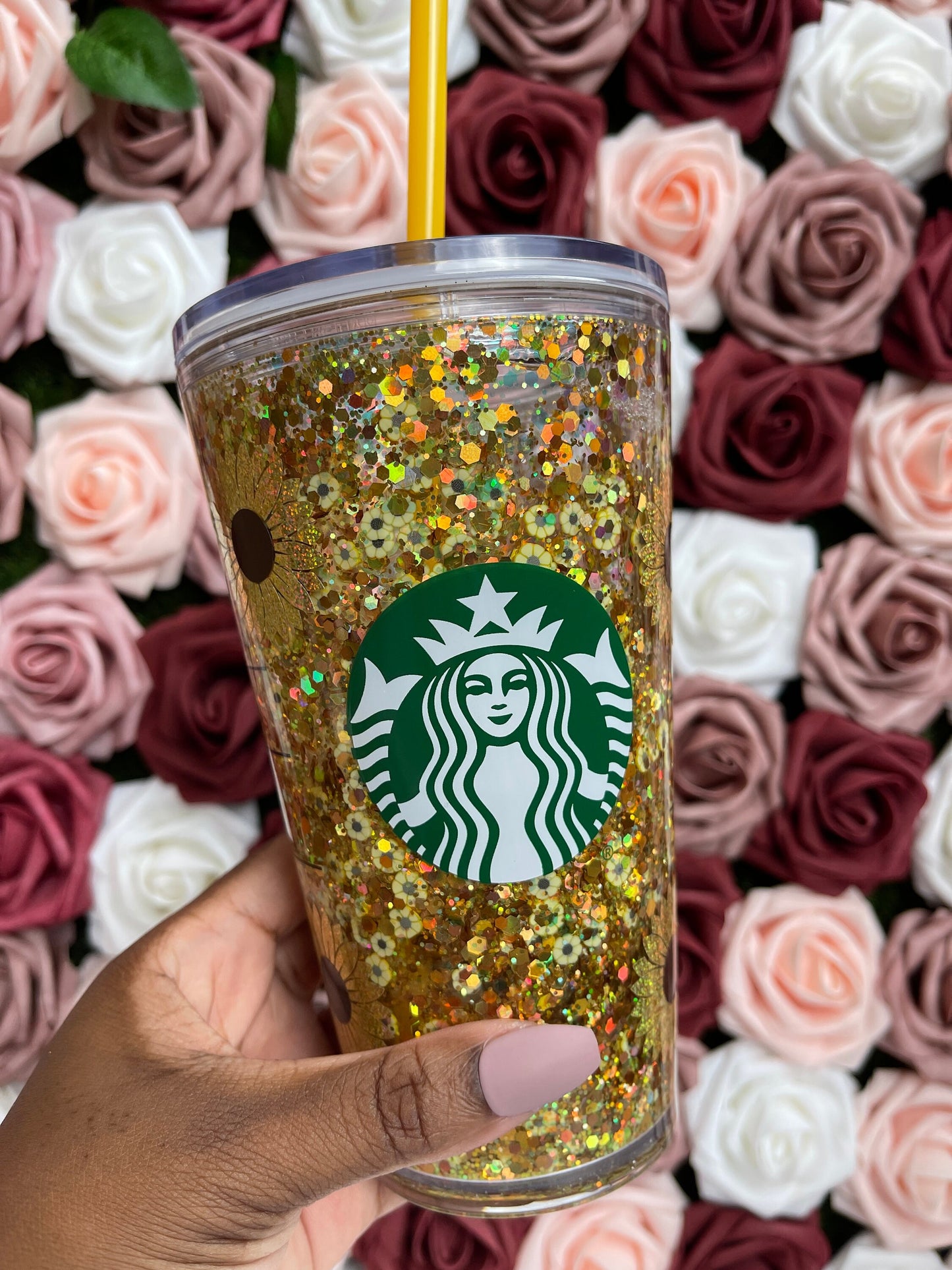 Sunflower Golden Holographic Chunky Glitter Snow Globe Official Starbucks Tumbler|Floating Glitter