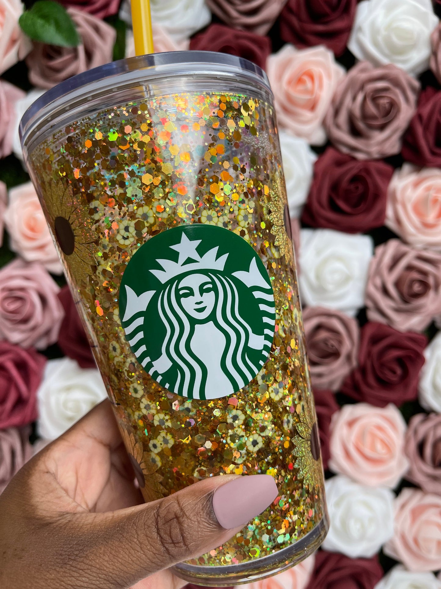 Sunflower Golden Holographic Chunky Glitter Snow Globe Official Starbucks Tumbler|Floating Glitter
