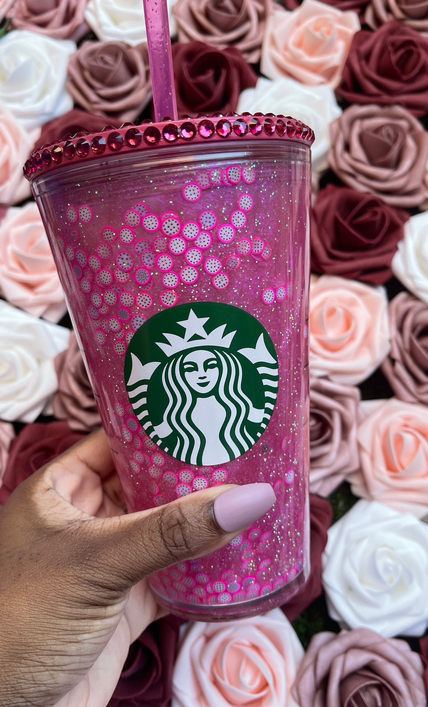 Dragonfruit Refresher Snow Globe Tumbler|Starbucks Rhinestone Lid Tumbler|Floating Glitter|Pink Dark Rose Iridescent