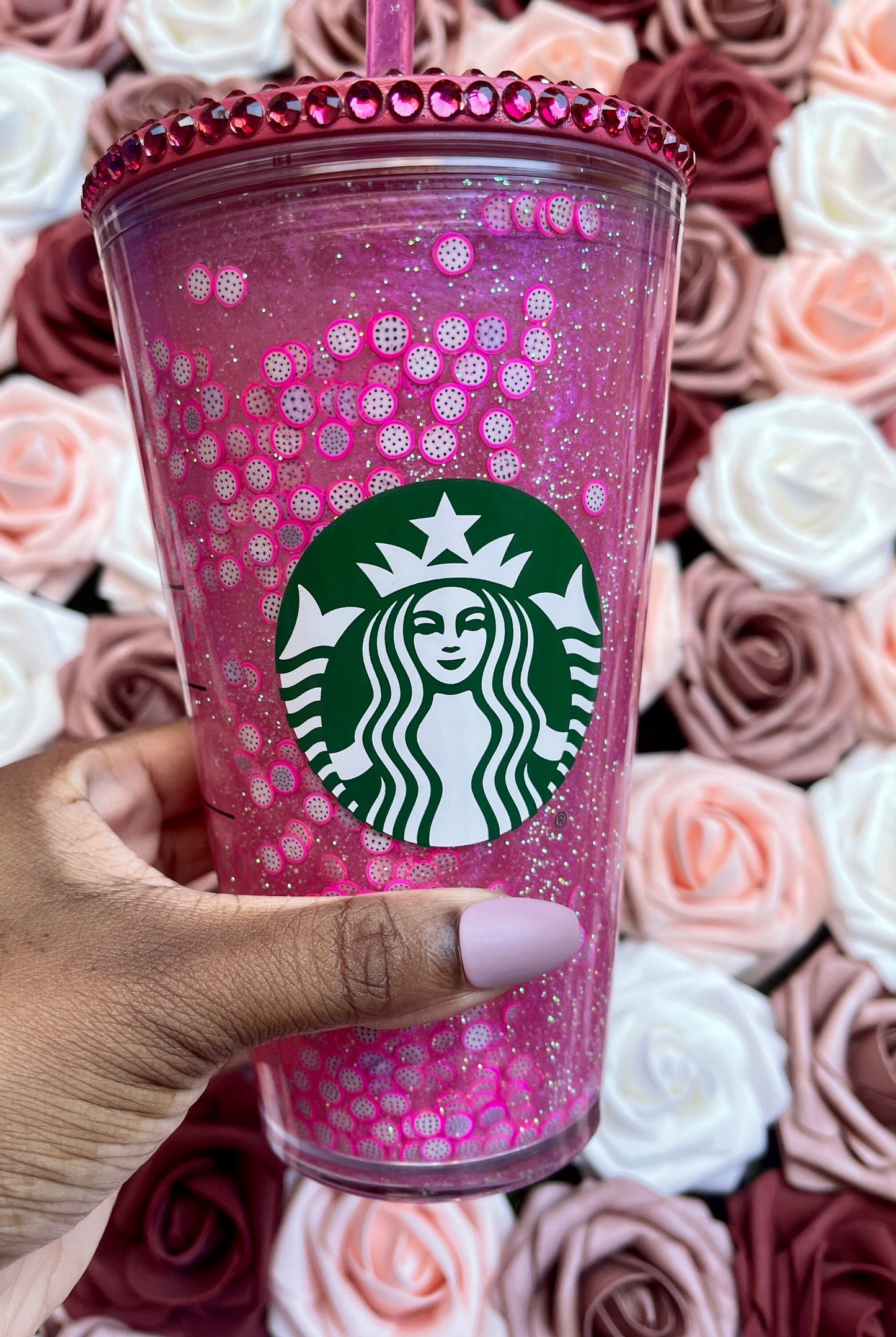 Dragonfruit Refresher Snow Globe Tumbler|Starbucks Rhinestone Lid Tumbler|Floating Glitter|Pink Dark Rose Iridescent