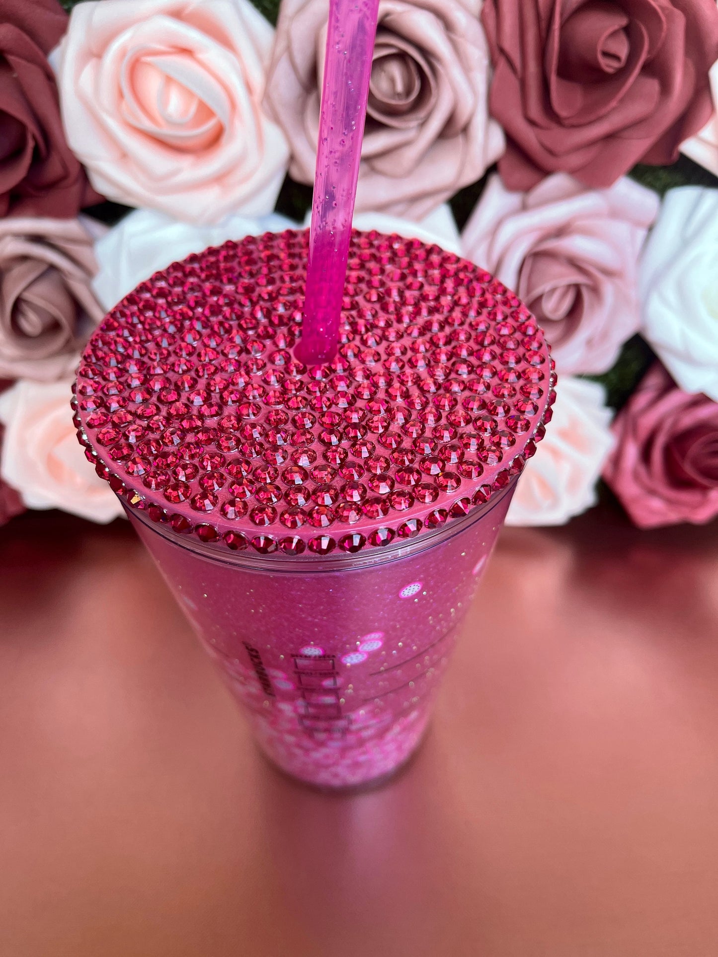 Dragonfruit Refresher Snow Globe Tumbler|Starbucks Rhinestone Lid Tumbler|Floating Glitter|Pink Dark Rose Iridescent