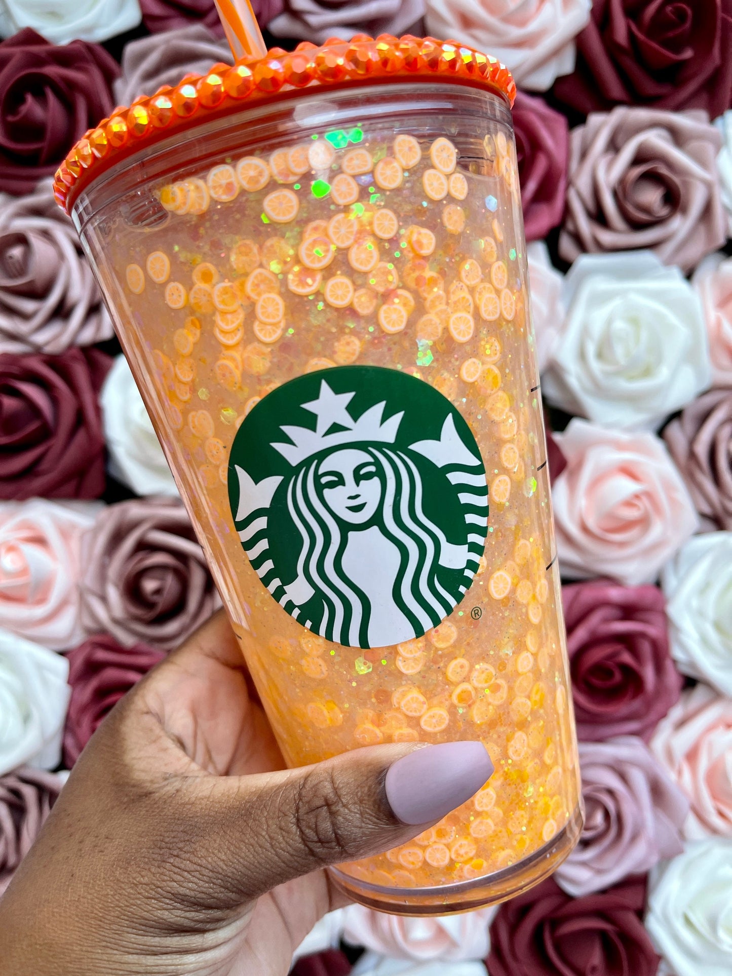 Orange Creamsicle Snow Globe Tumbler|Starbucks Rhinestone Lid Tumbler|Floating Glitter|Orange