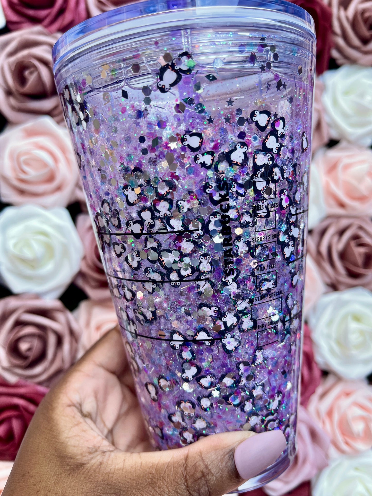 Penguin Purple & Silver Holographic Glitter Snow Globe Tumbler|Floating Glitter