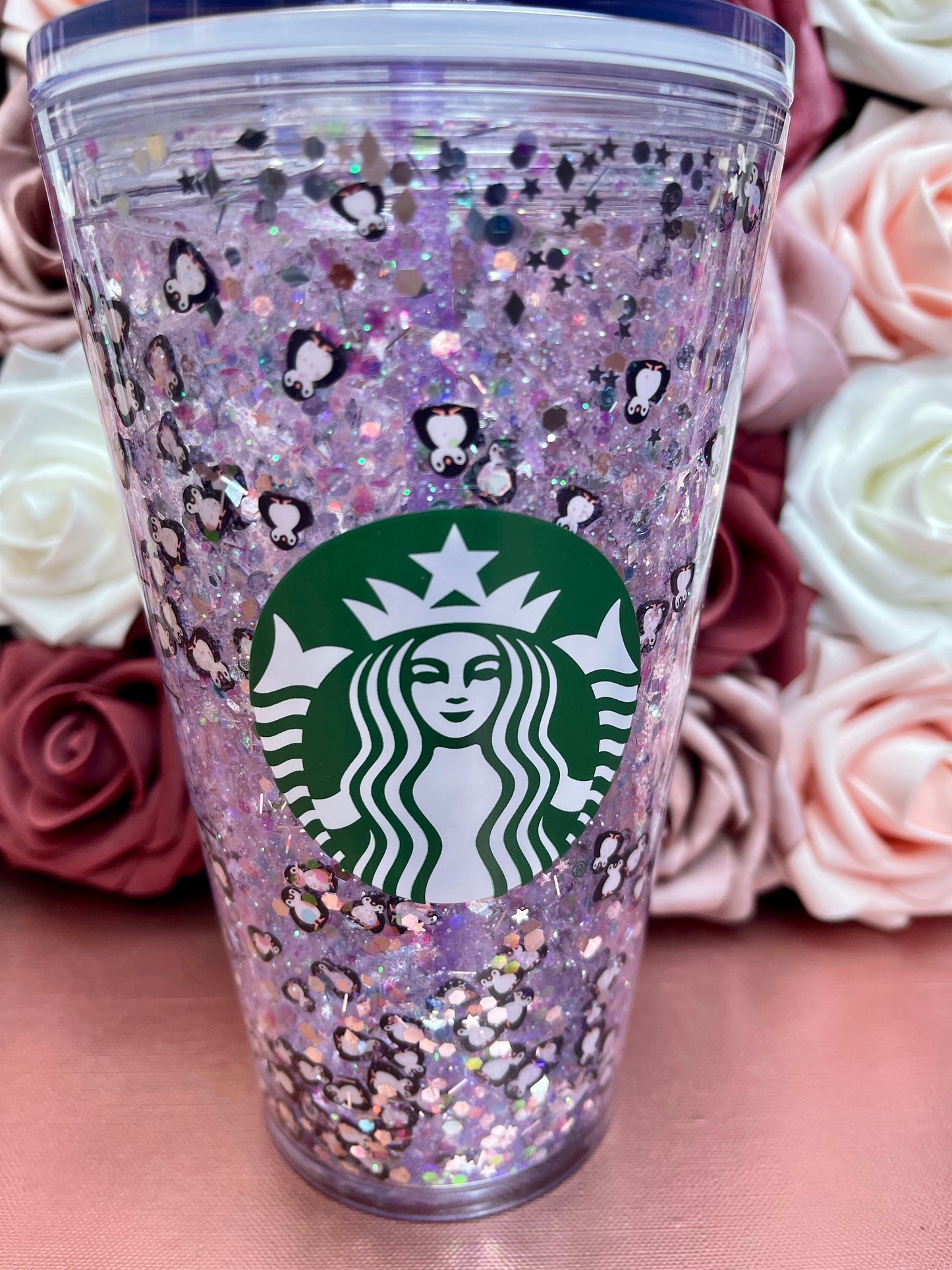 Penguin Purple & Silver Holographic Glitter Snow Globe Tumbler|Floating Glitter