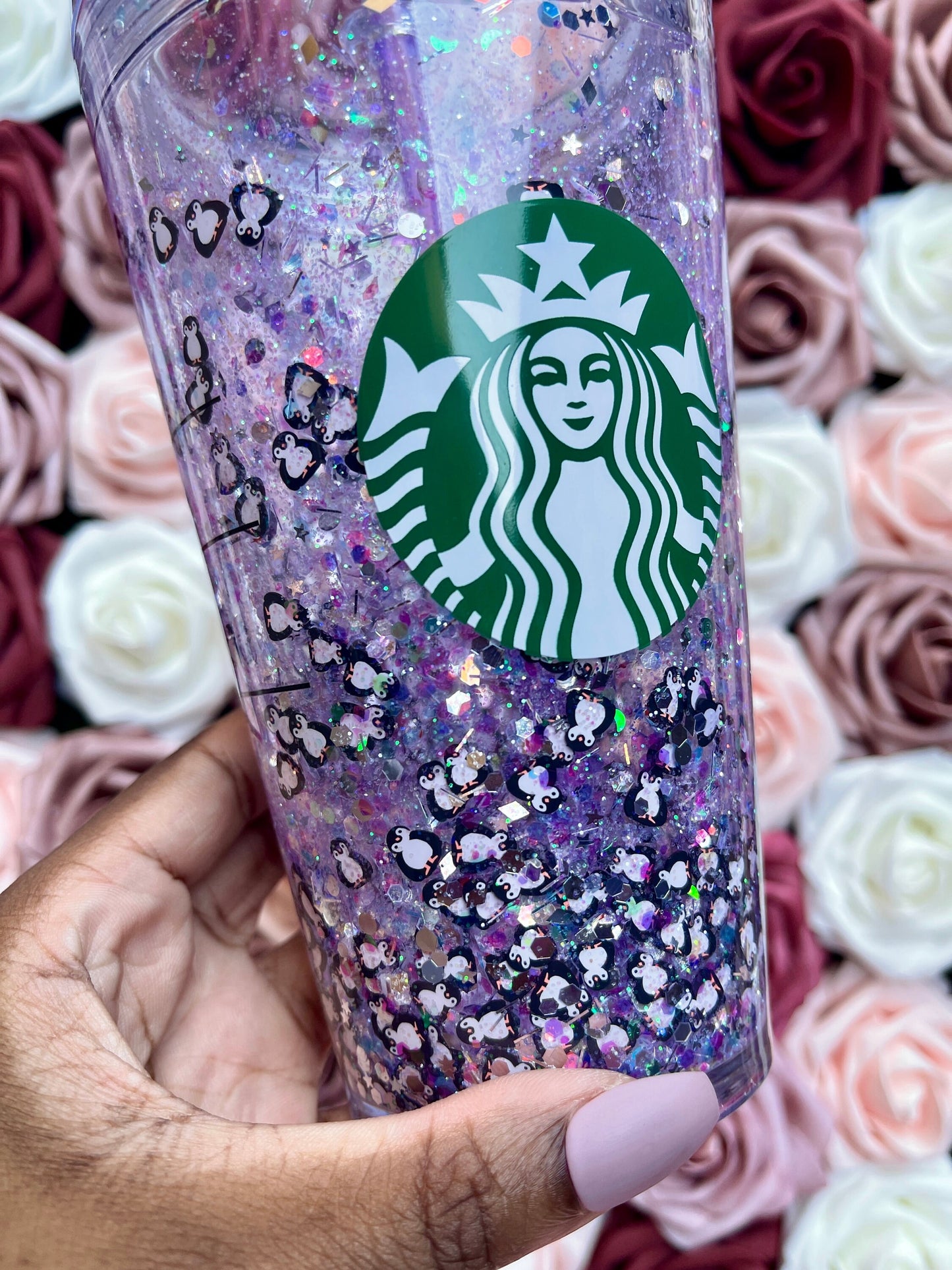 Penguin Purple & Silver Holographic Glitter Snow Globe Tumbler|Floating Glitter