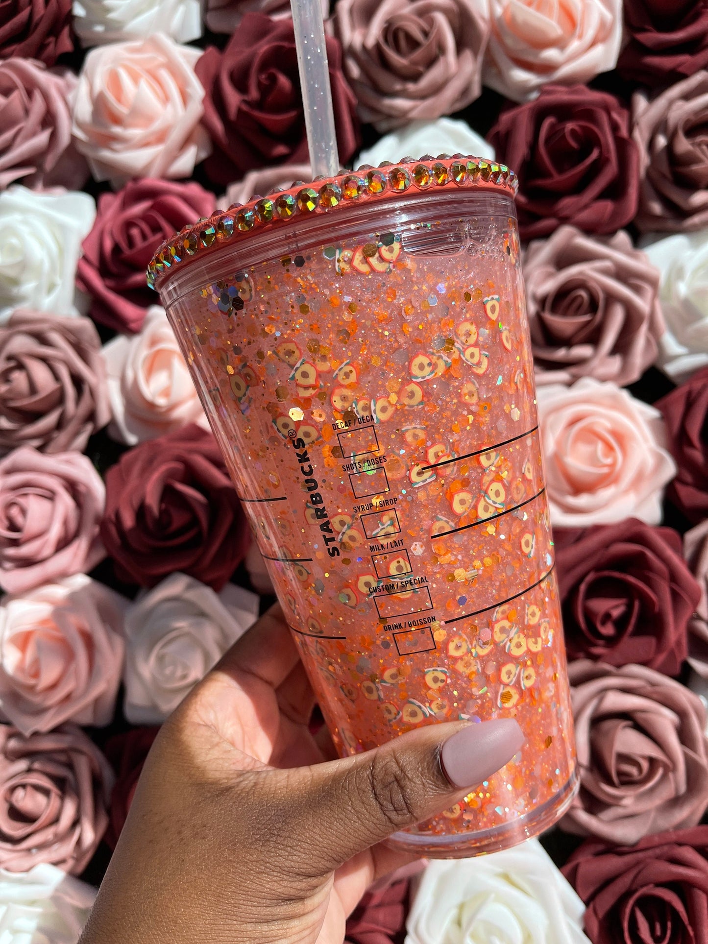 Fuzzy Peach Drink Snow Globe Tumbler|Starbucks Rhinestone Lid Tumbler|Floating Glitter|Orange Pink Iridescent
