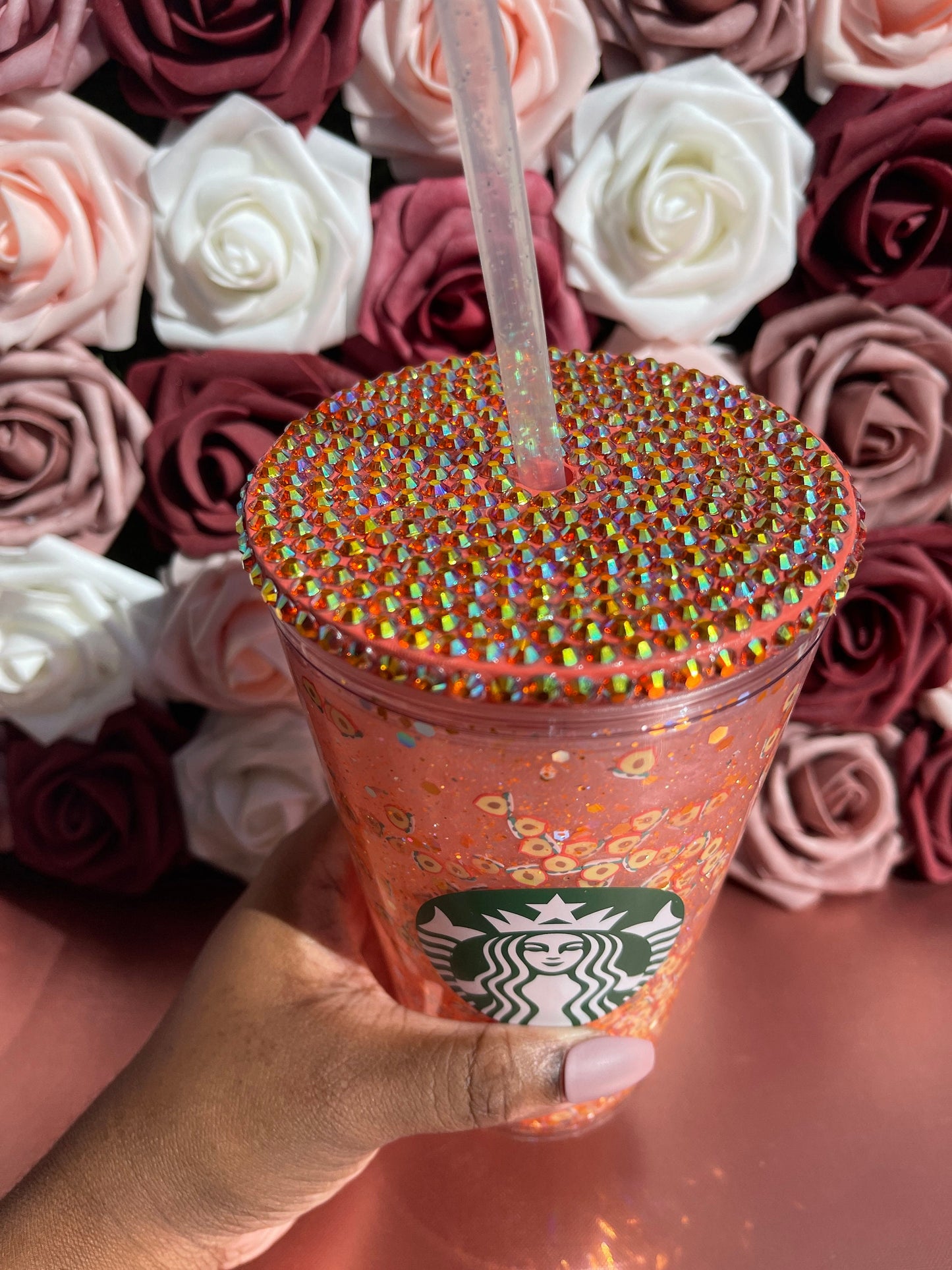 Fuzzy Peach Drink Snow Globe Tumbler|Starbucks Rhinestone Lid Tumbler|Floating Glitter|Orange Pink Iridescent
