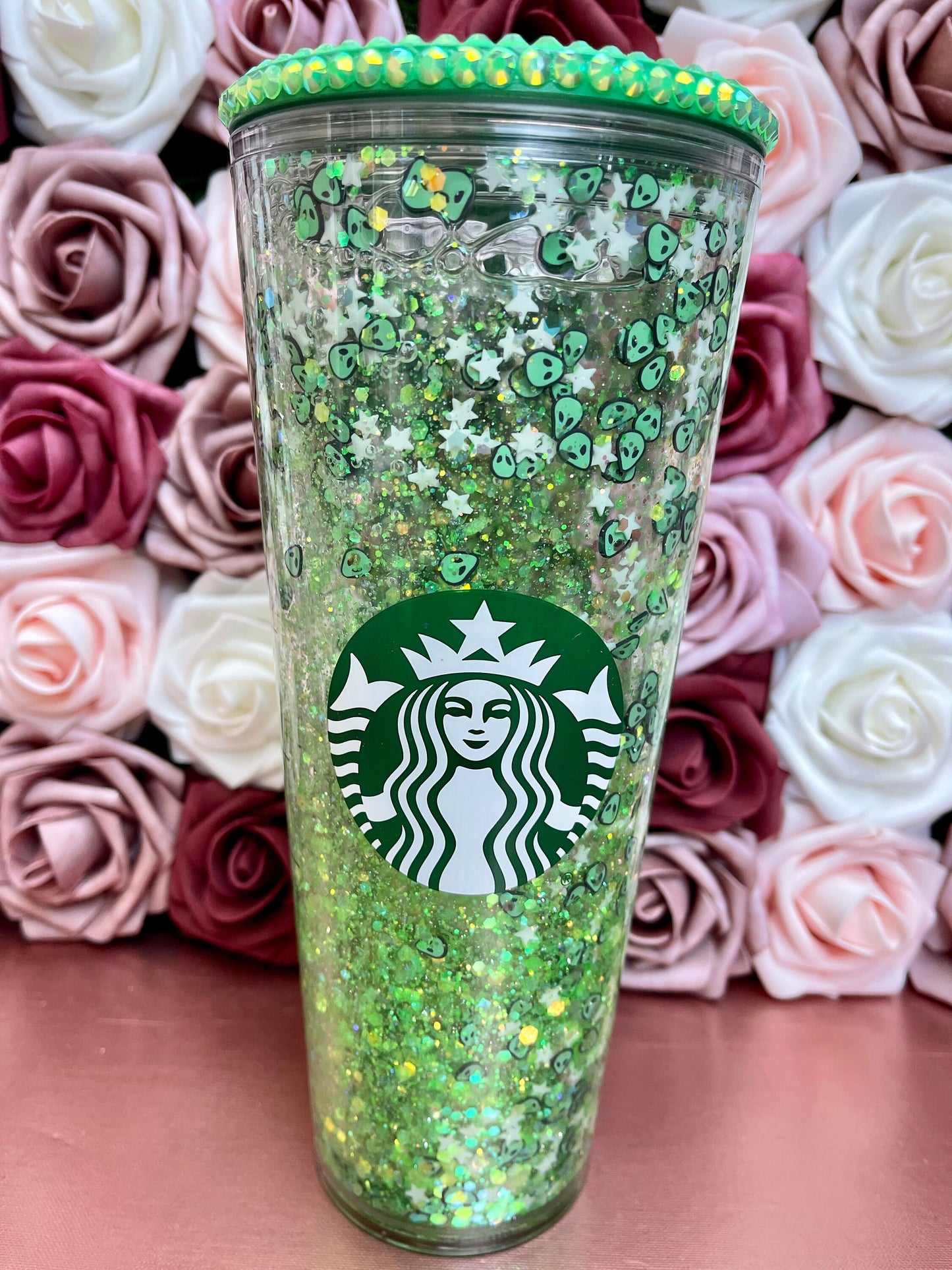 Glitter Snowglobe |Alien Glow in the Dark Stars|Green Grande Venti Acrylic Starbucks Tumbler 16oz|Confetti Cup|Floating Glitter