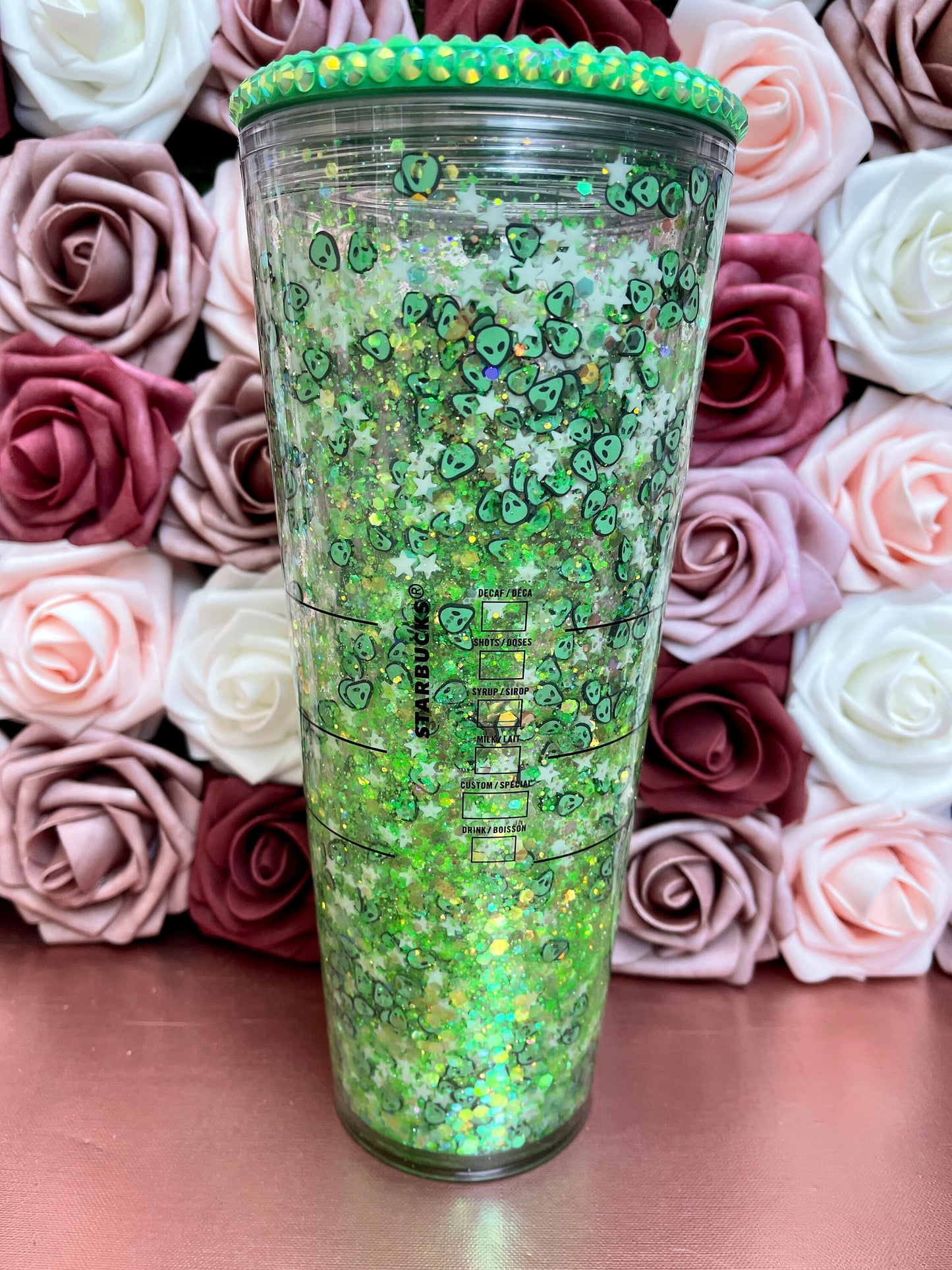 Glitter Snowglobe |Alien Glow in the Dark Stars|Green Grande Venti Acrylic Starbucks Tumbler 16oz|Confetti Cup|Floating Glitter