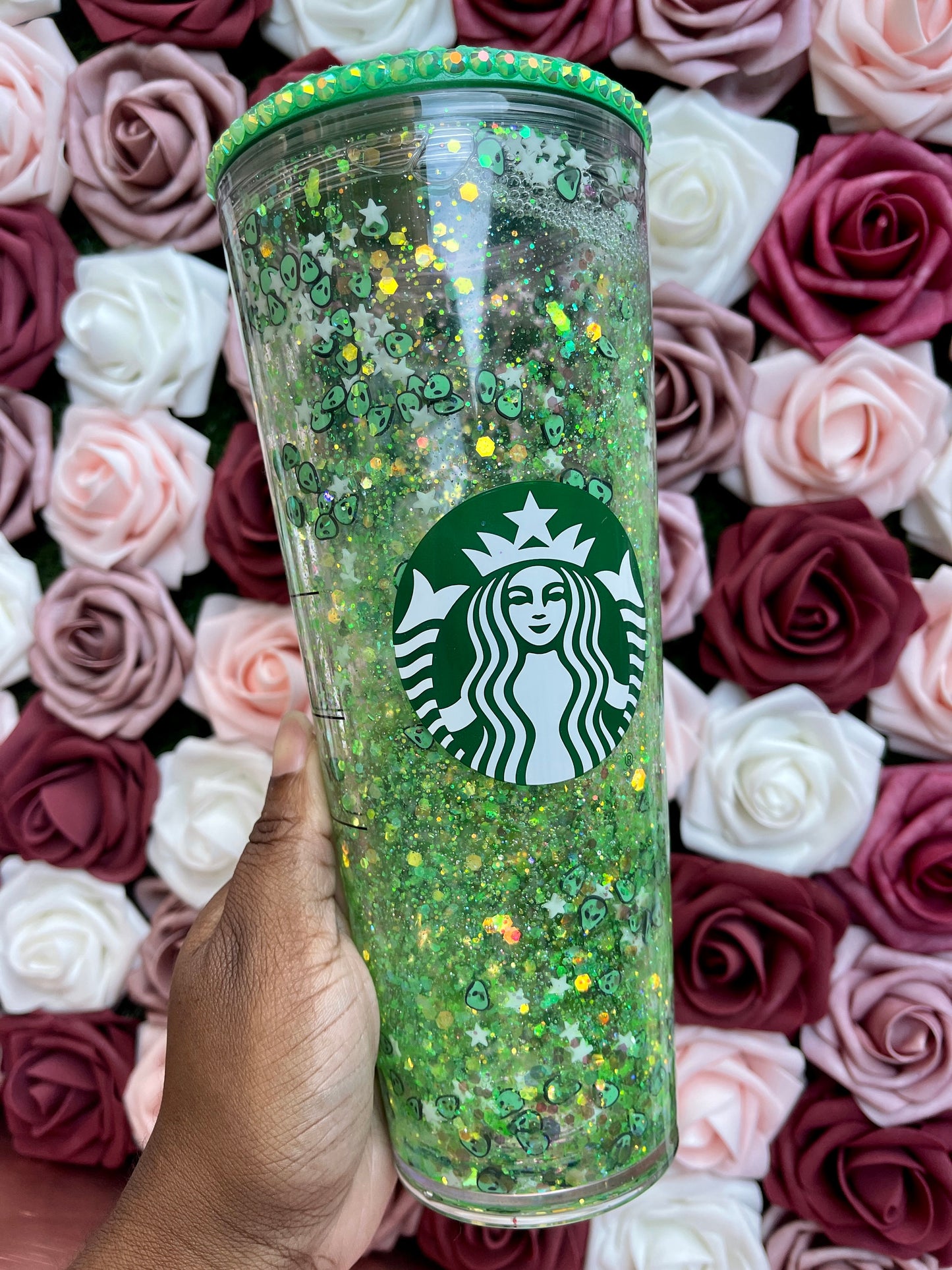 Glitter Snowglobe |Alien Glow in the Dark Stars|Green Grande Venti Acrylic Starbucks Tumbler 16oz|Confetti Cup|Floating Glitter