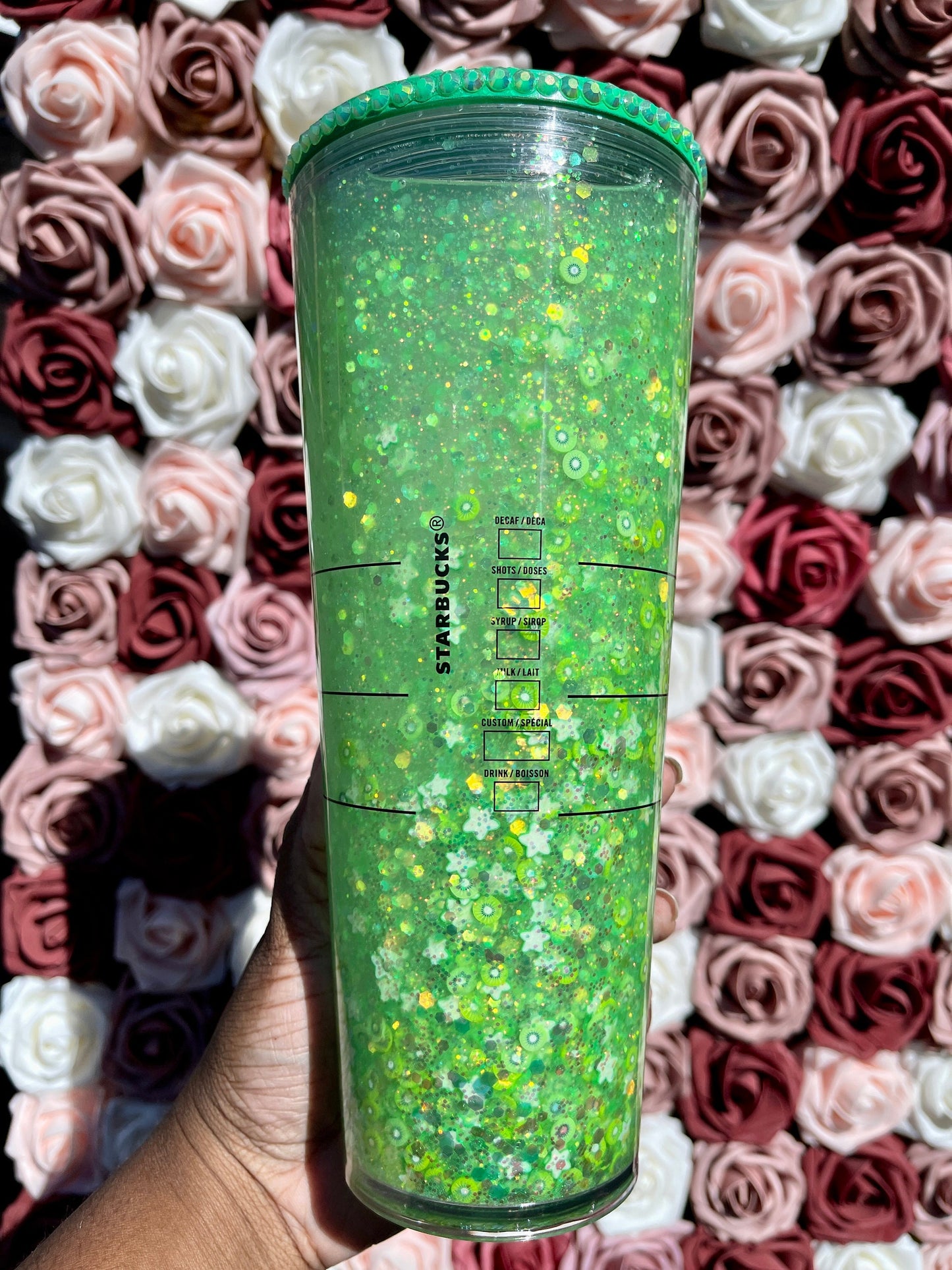 Kiwi Starfruit Refresher Drink Snow Globe Tumbler|Starbucks Rhinestone Lid Tumbler|Floating Glitter|Green