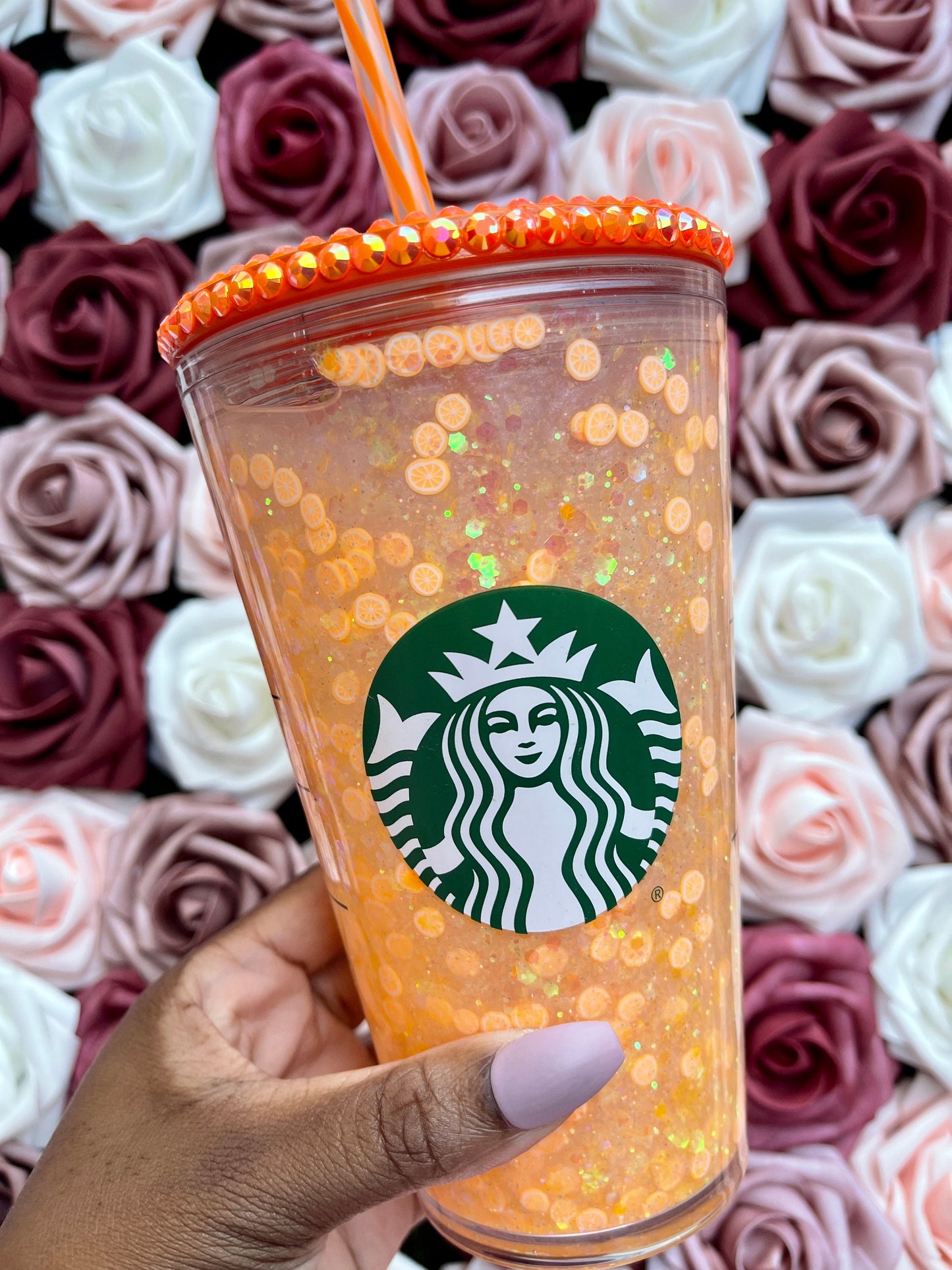 Orange Creamsicle Snow Globe Tumbler|Starbucks Rhinestone Lid Tumbler|Floating Glitter|Orange
