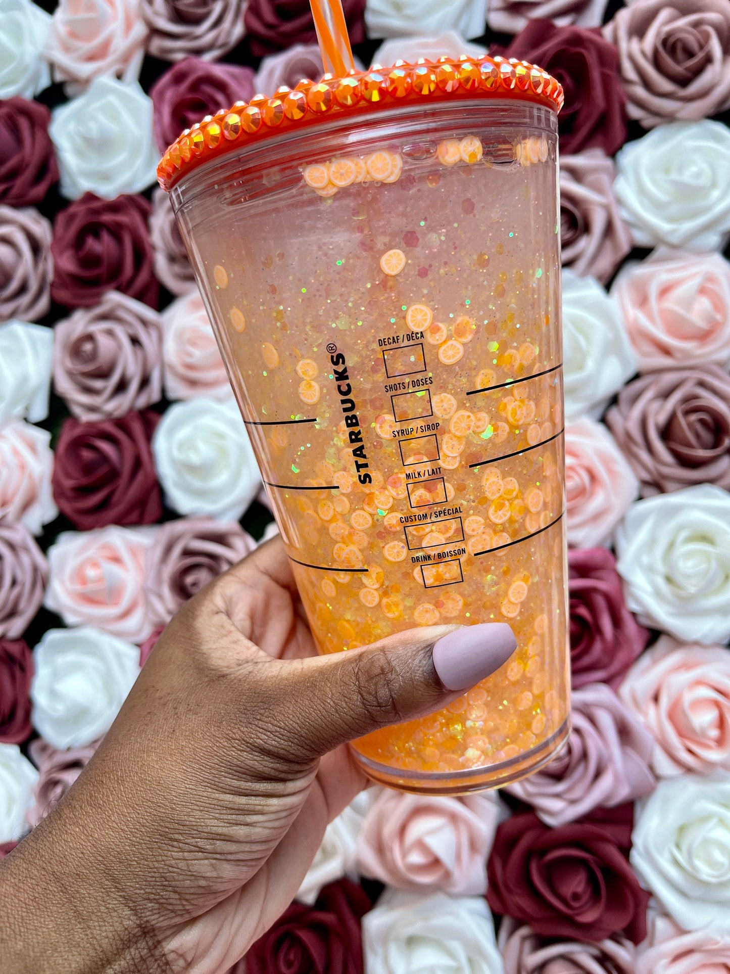 Orange Creamsicle Snow Globe Tumbler|Starbucks Rhinestone Lid Tumbler|Floating Glitter|Orange