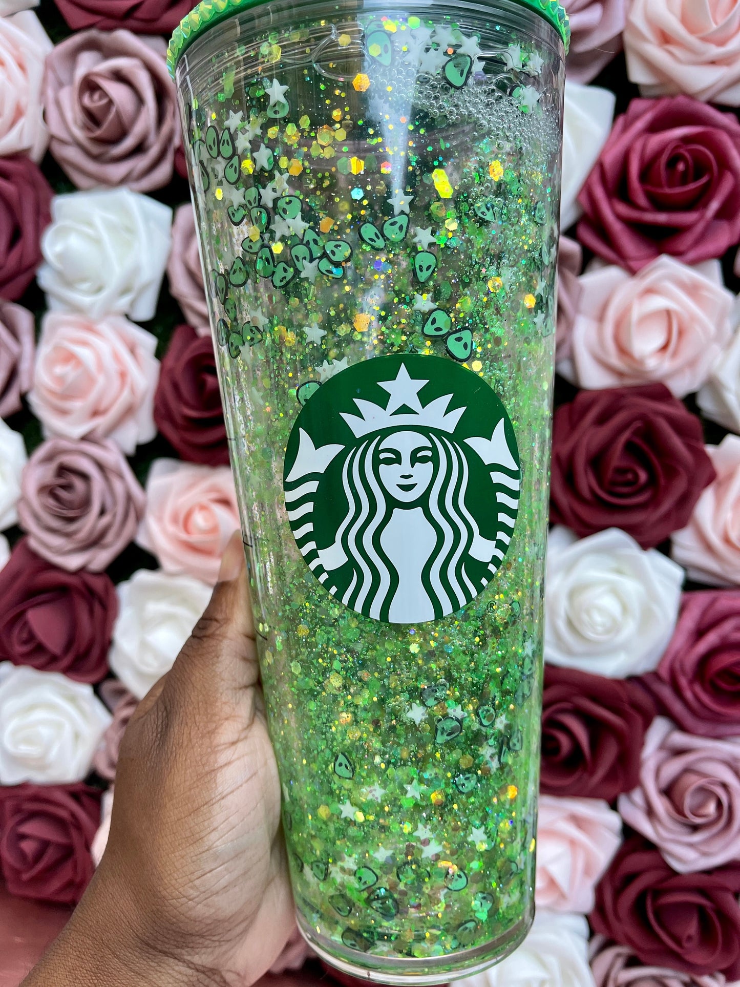 Glitter Snowglobe |Alien Glow in the Dark Stars|Green Grande Venti Acrylic Starbucks Tumbler 16oz|Confetti Cup|Floating Glitter