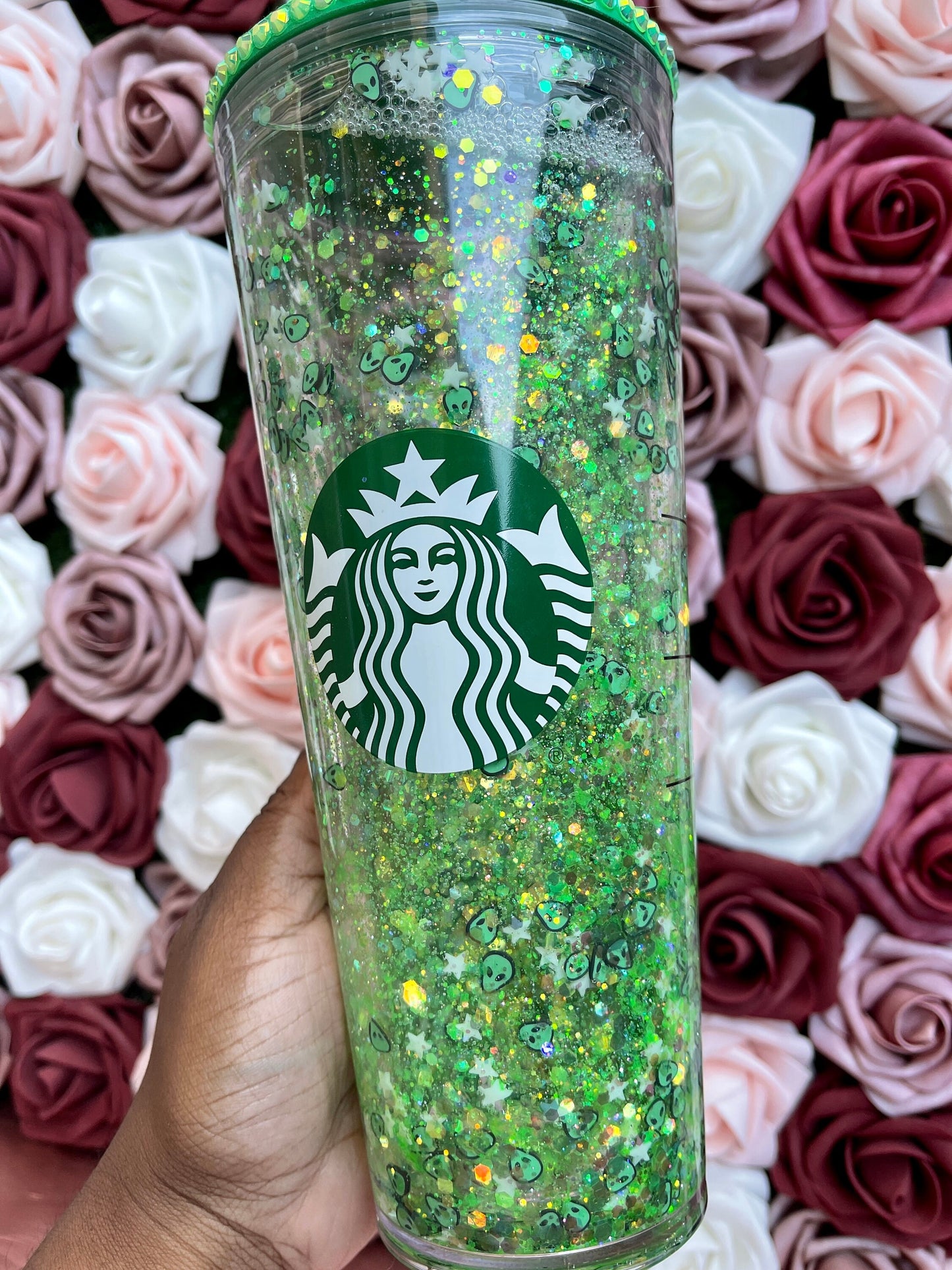Glitter Snowglobe |Alien Glow in the Dark Stars|Green Grande Venti Acrylic Starbucks Tumbler 16oz|Confetti Cup|Floating Glitter