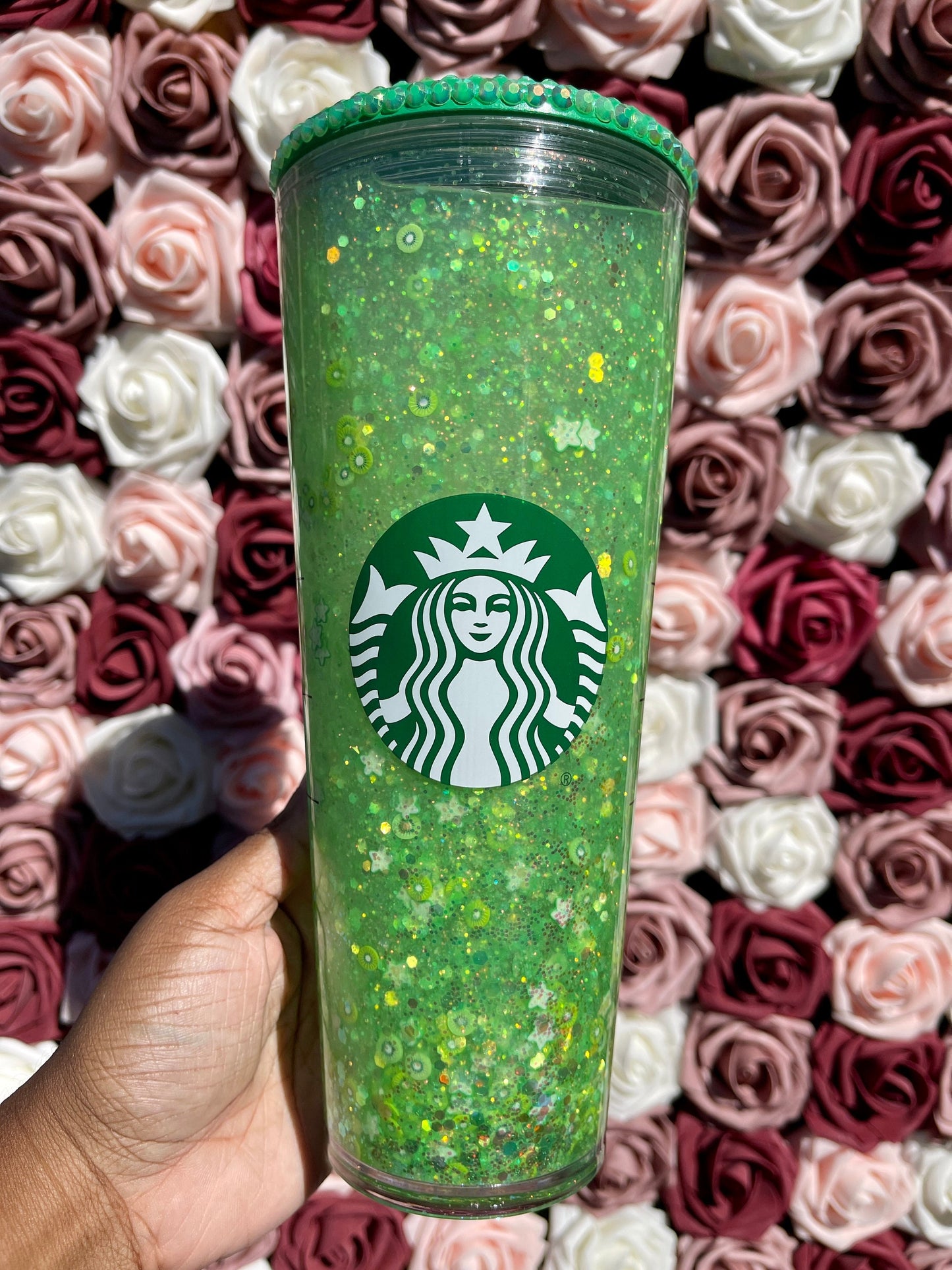 Kiwi Starfruit Refresher Drink Snow Globe Tumbler|Starbucks Rhinestone Lid Tumbler|Floating Glitter|Green