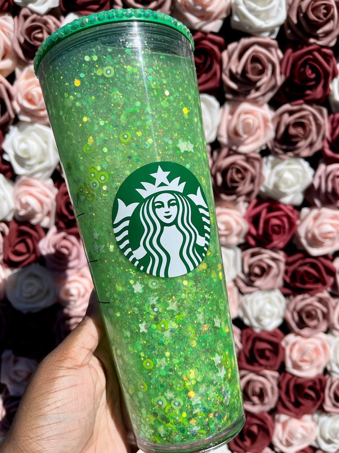 Kiwi Starfruit Refresher Drink Snow Globe Tumbler|Starbucks Rhinestone Lid Tumbler|Floating Glitter|Green
