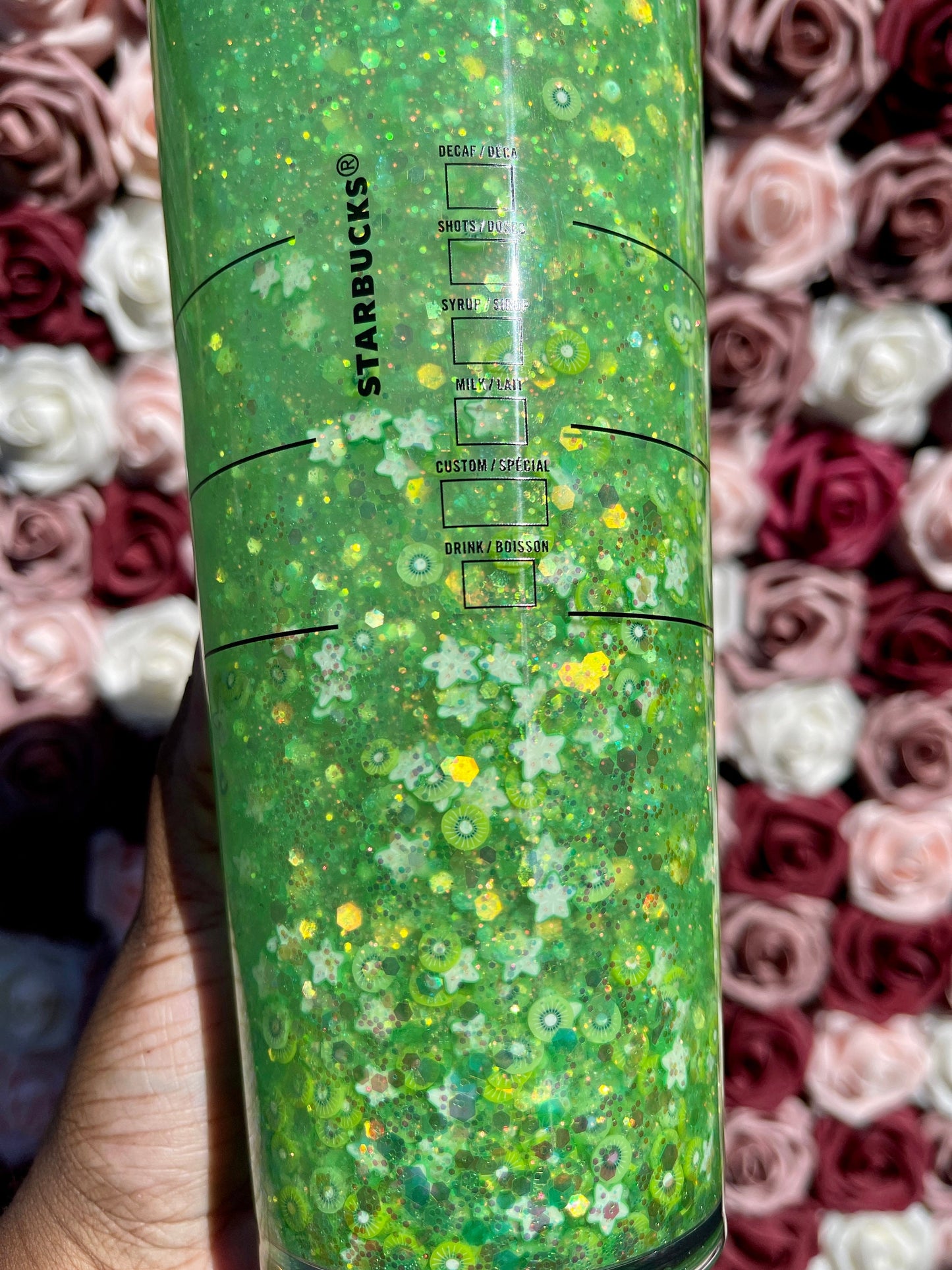 Kiwi Starfruit Refresher Drink Snow Globe Tumbler|Starbucks Rhinestone Lid Tumbler|Floating Glitter|Green