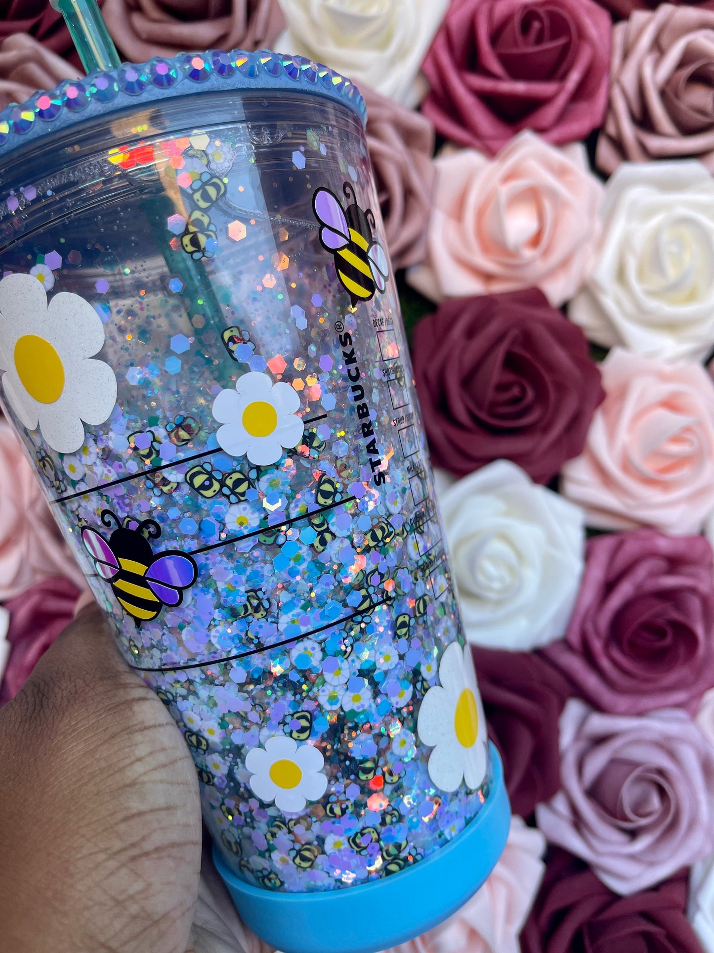 Baby Blue Bumble Bee and Daisies Holographic Glitter Snow Globe Tumbler|Floating Glitter