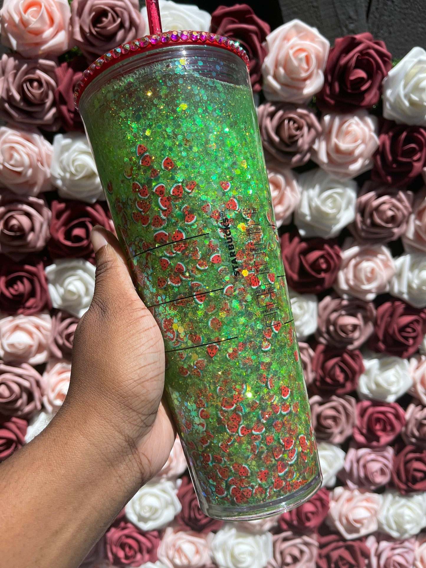 Watermelon Sugar Snow Globe Tumbler|Starbucks Rhinestone Lid Tumbler|Floating Glitter|Green & Red Iridescent