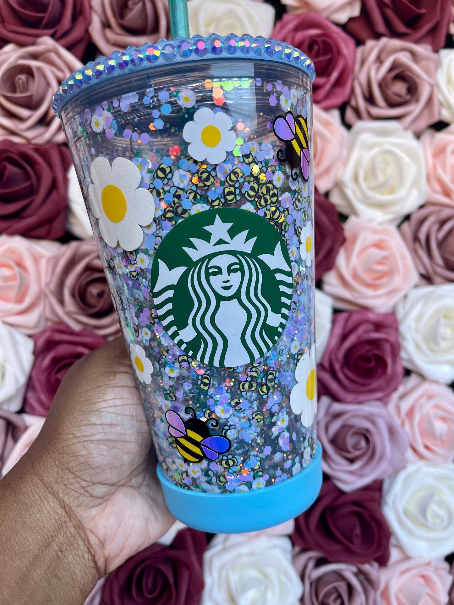Baby Blue Bumble Bee and Daisies Holographic Glitter Snow Globe Tumbler|Floating Glitter