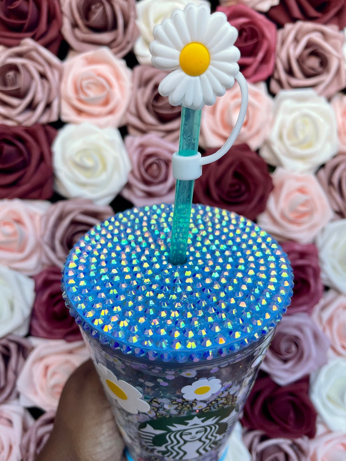 Baby Blue Bumble Bee and Daisies Holographic Glitter Snow Globe Tumbler|Floating Glitter