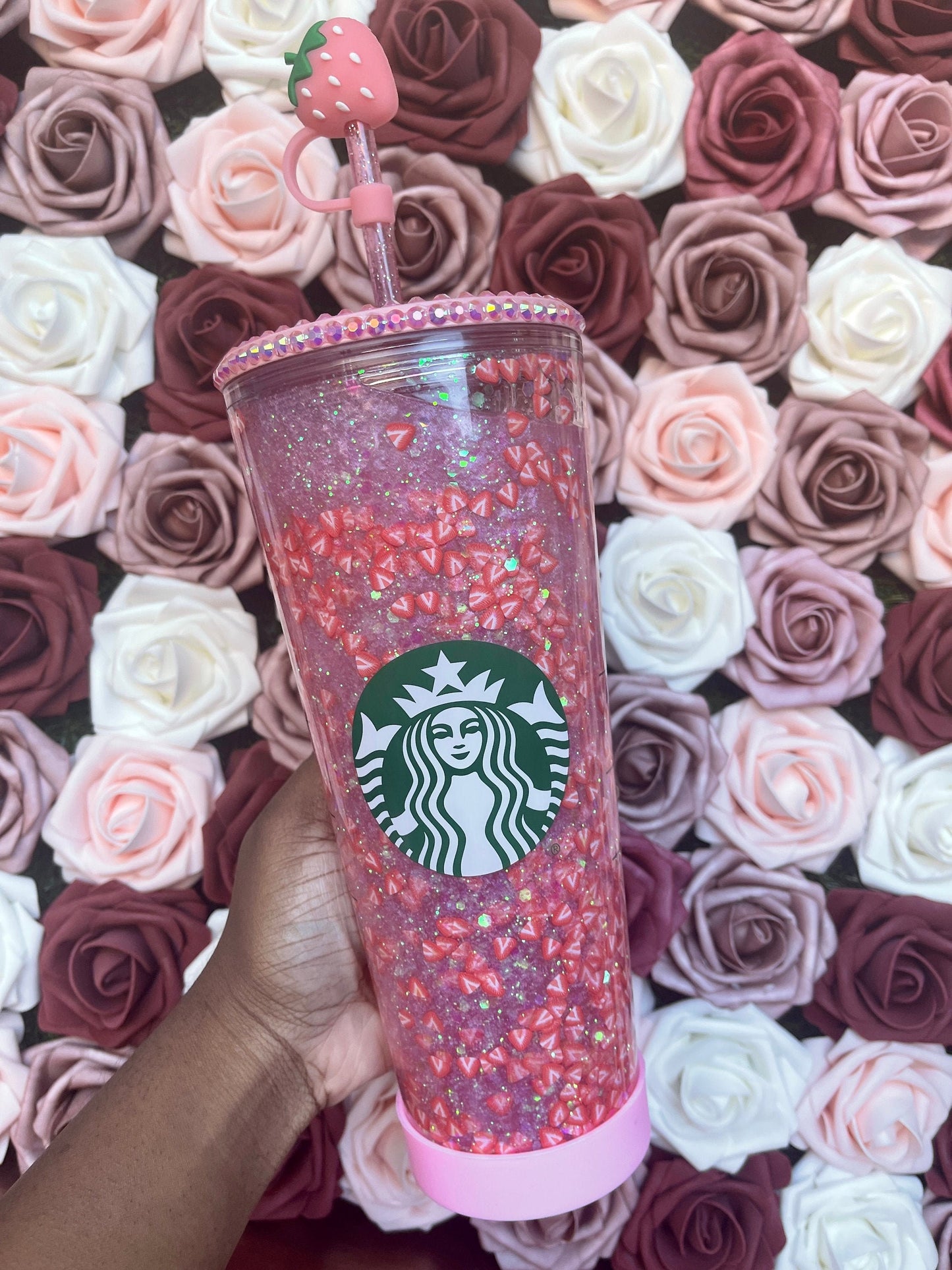 Starbucks Strawberry Pink Drink Snow Globe Tumbler|Starbucks Rhinestone Lid Tumbler|Floating Glitter|Pink Iridescent