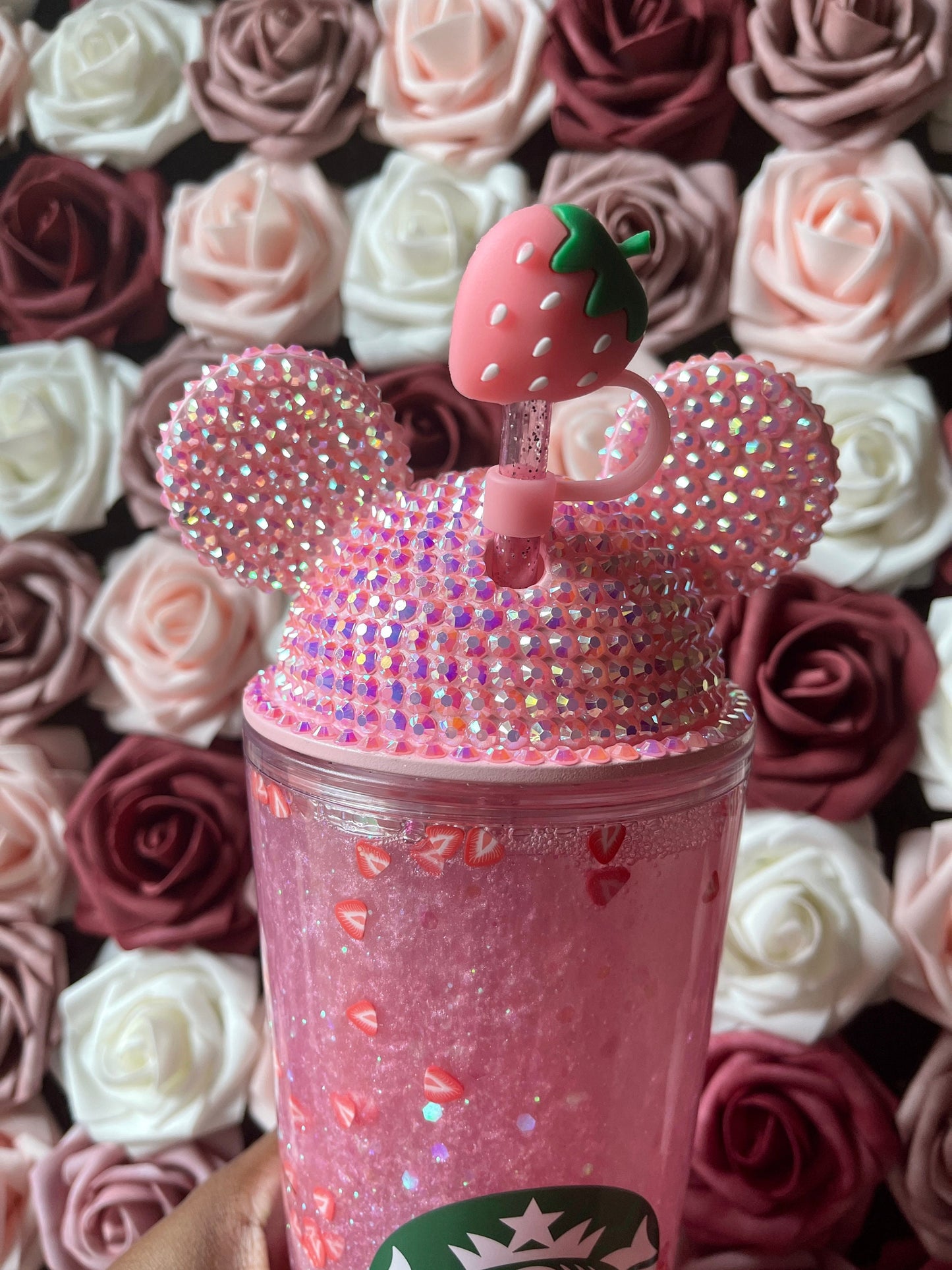 Starbucks Strawberry Pink Drink Snow Globe Tumbler|Starbucks Rhinestone Lid Tumbler|Floating Glitter|Pink Iridescent