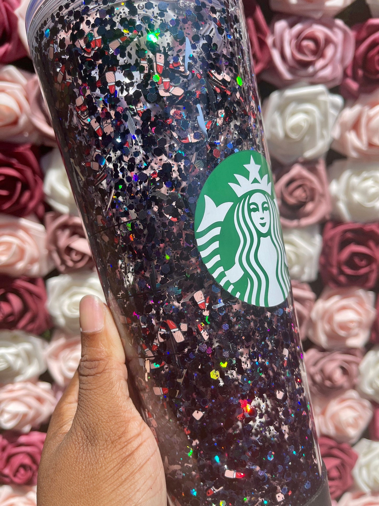 Makeup and Murder Snow Globe Tumbler|Floating Glitter|Lipstick & Knives|Black and Red