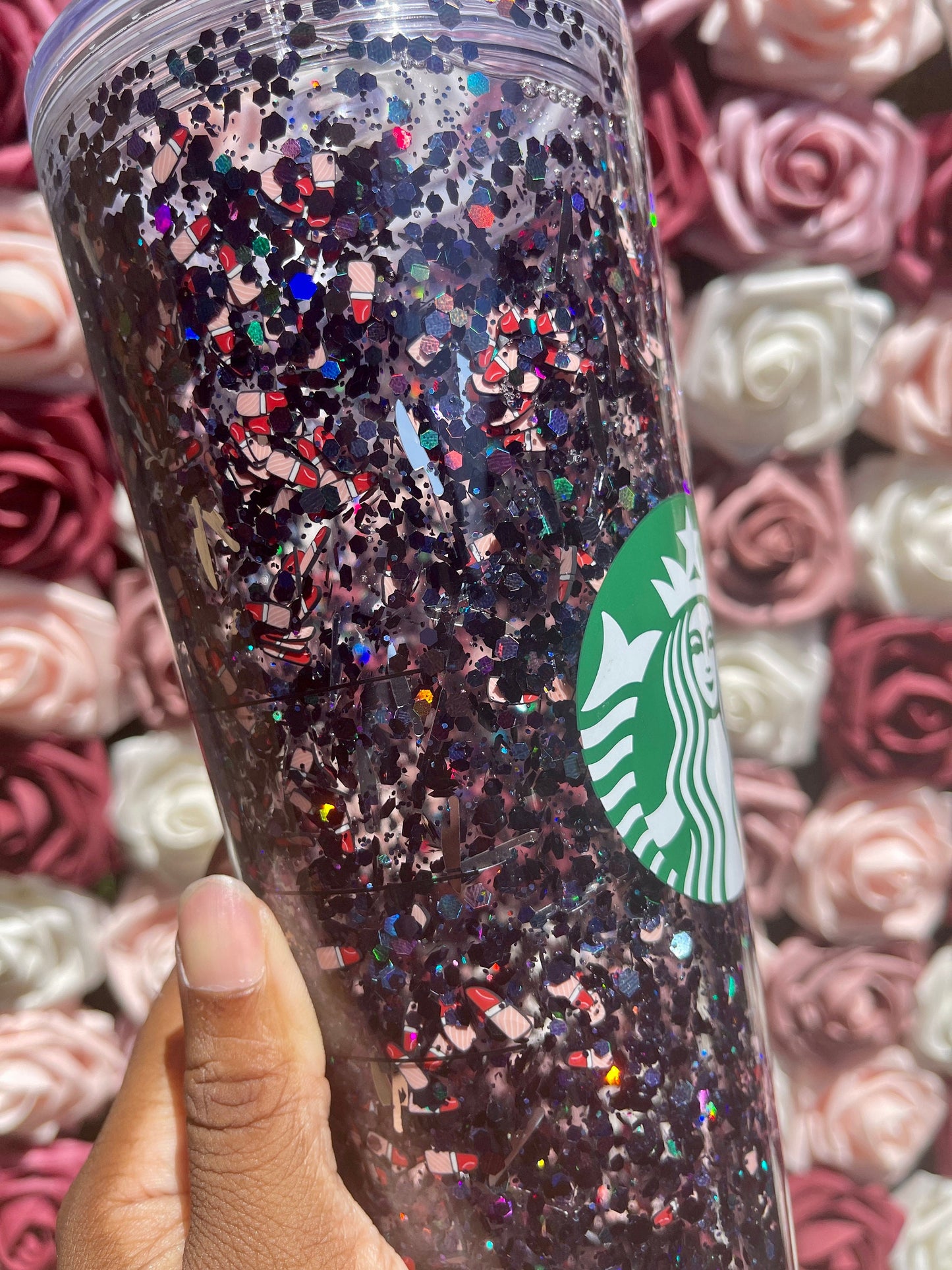 Makeup and Murder Snow Globe Tumbler|Floating Glitter|Lipstick & Knives|Black and Red