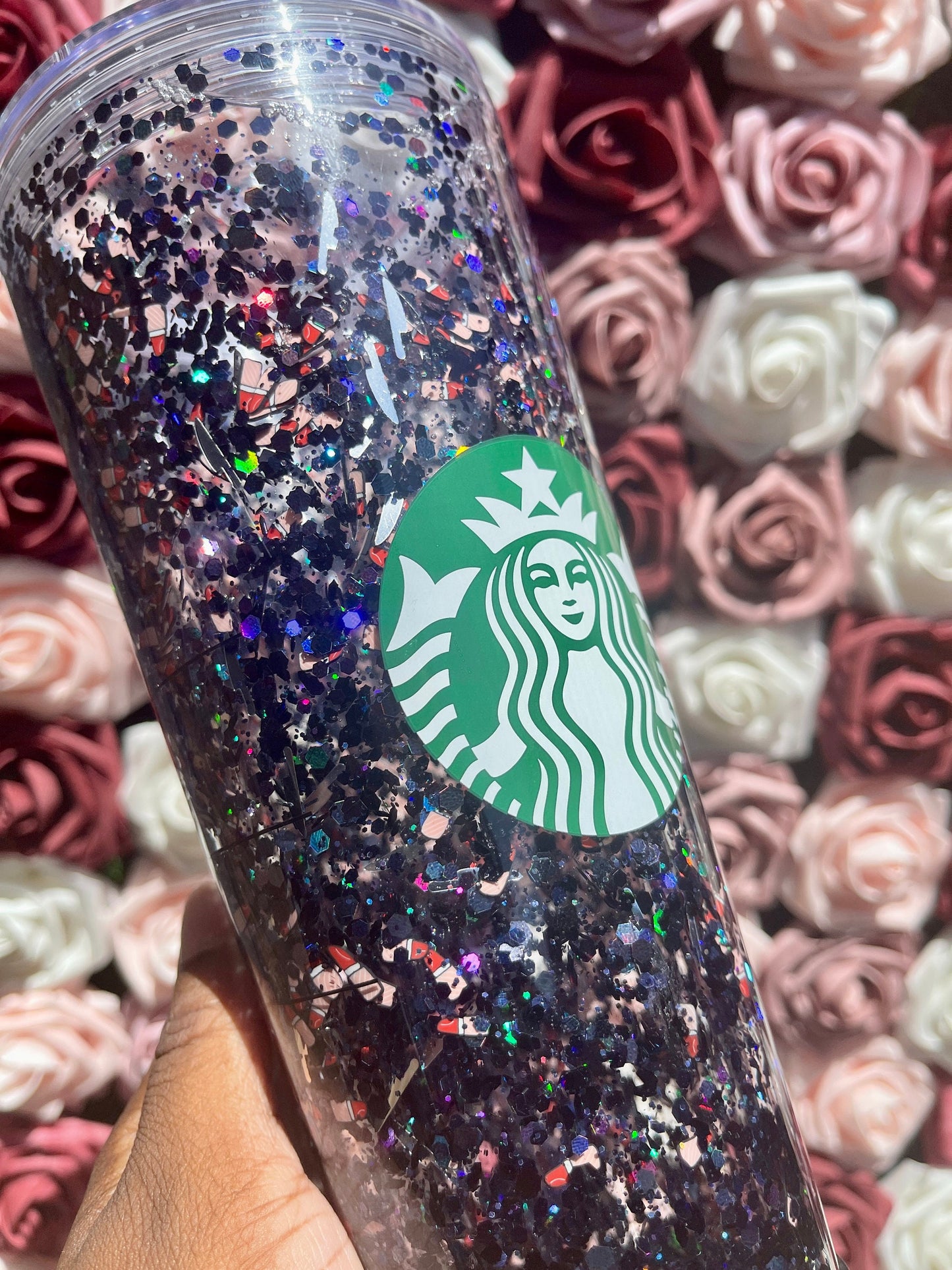 Makeup and Murder Snow Globe Tumbler|Floating Glitter|Lipstick & Knives|Black and Red