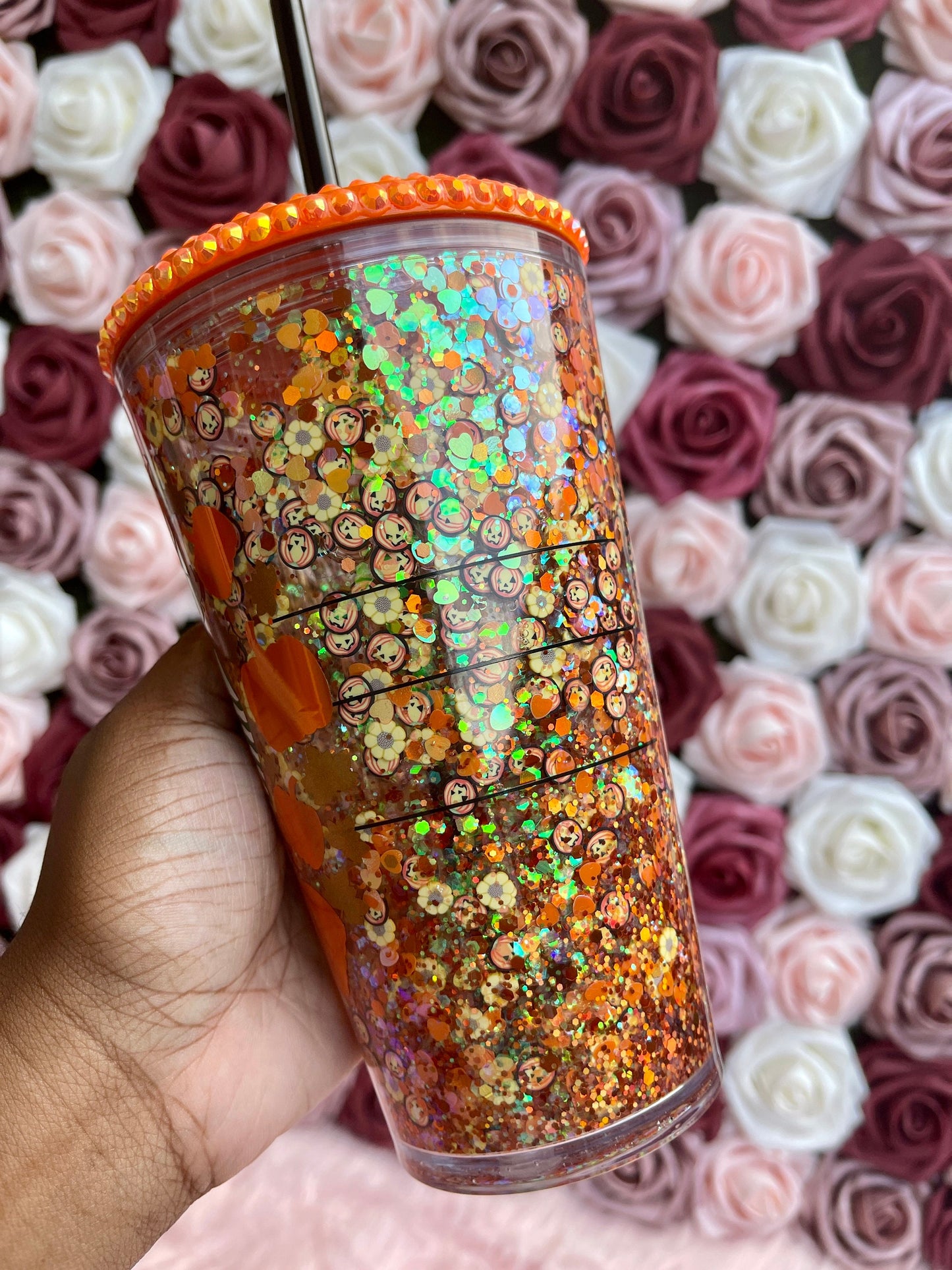 Sunflower Pumpkin Halloween Snow Globe Tumbler|Starbucks Rhinestone Lid Tumbler|Floating Glitter|Fall Tumbler