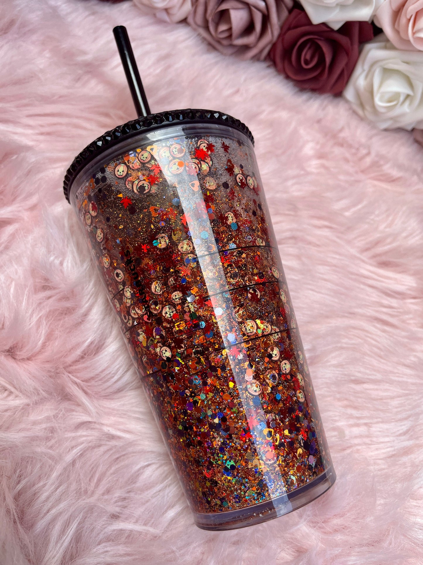 Pumpkin Orange & Black Halloween Snow Globe Tumbler|Starbucks Rhinestone Lid Tumbler
